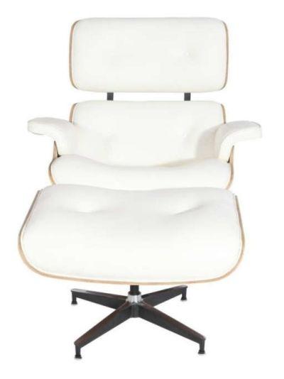 Aniline Leather Lounge Chair and Ottoman, Seat: White, Base: Palisander