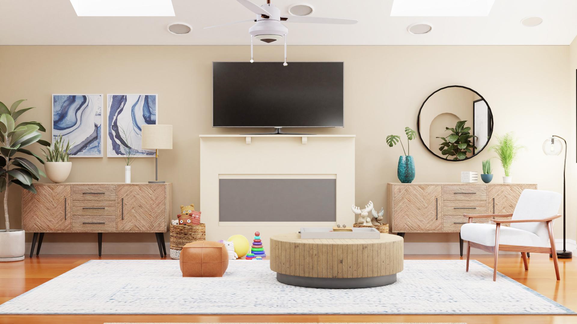 Blue Accent Sofa: Mid-Century Rustic Living Room