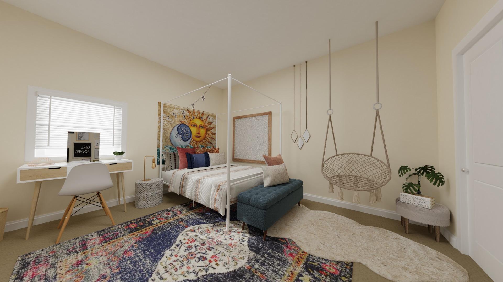 Bohemian Bedroom with Sun Tapestry and Hanging Chair