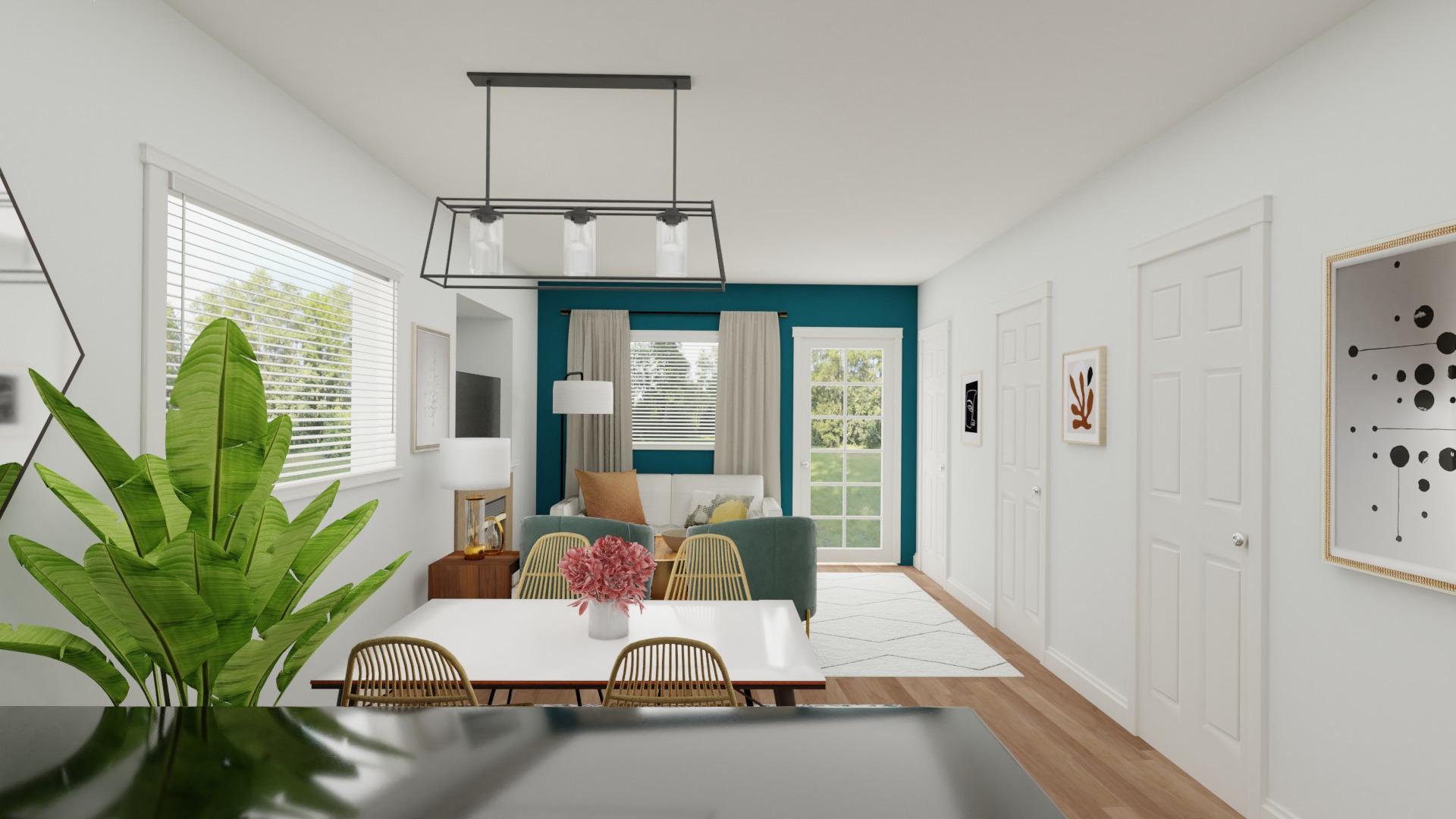 Peacock Blue Accent: Eclectic Glam Open Living and Dining Room