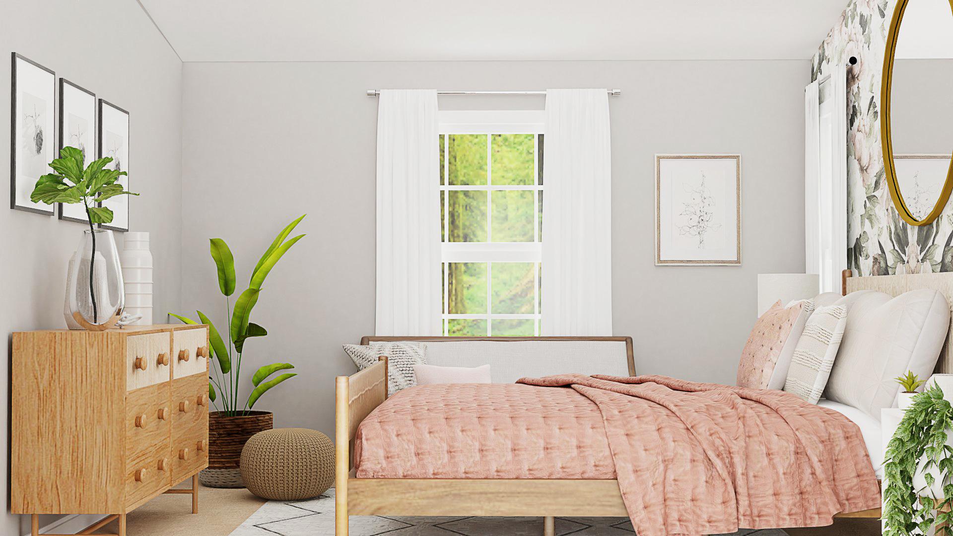 Mid-Century Glam Bedroom Design With A Floral Wallpaper 