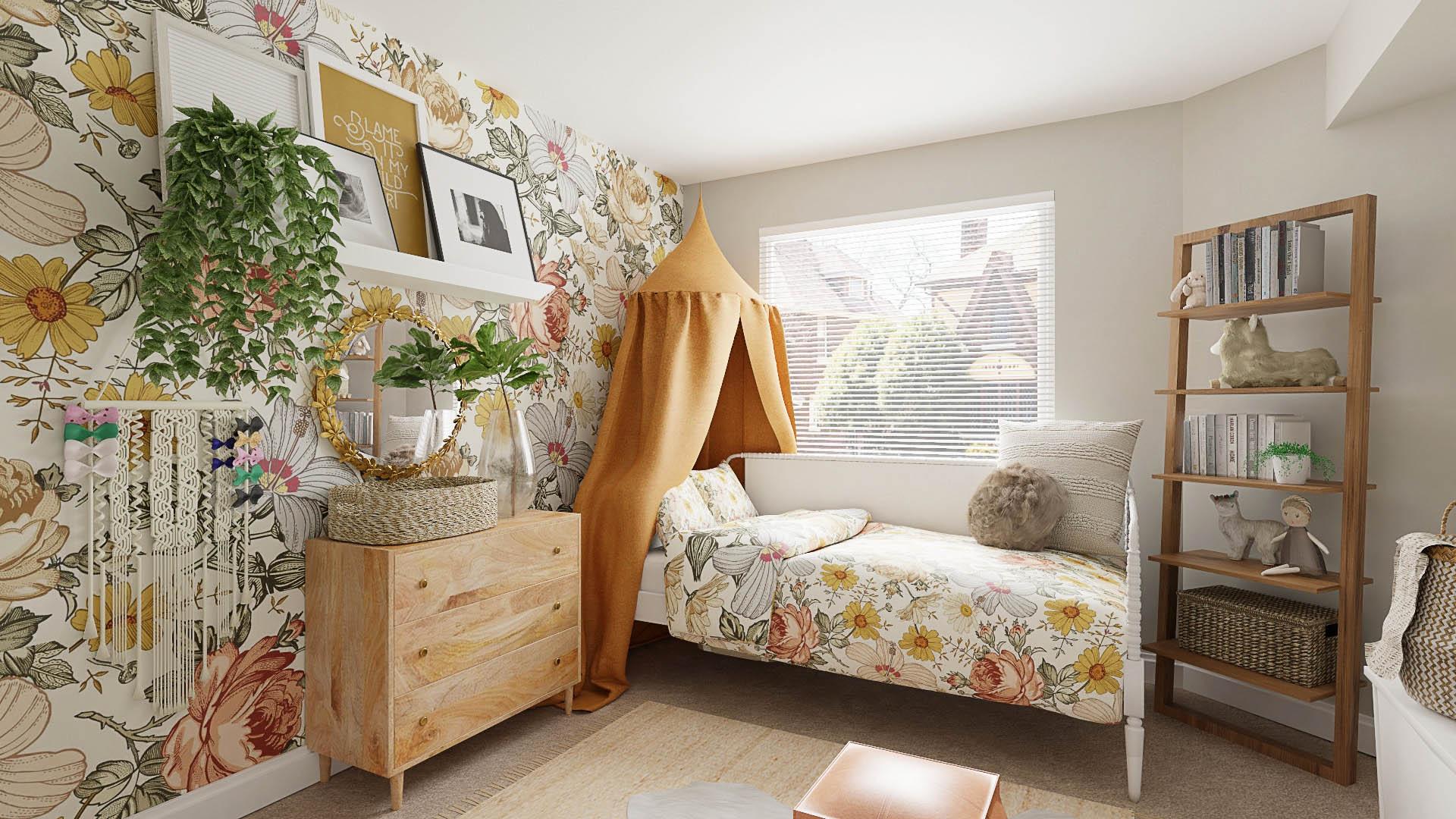 Matching Wallpaper and Bedding: Boho Eclectic Kid's Bedroom