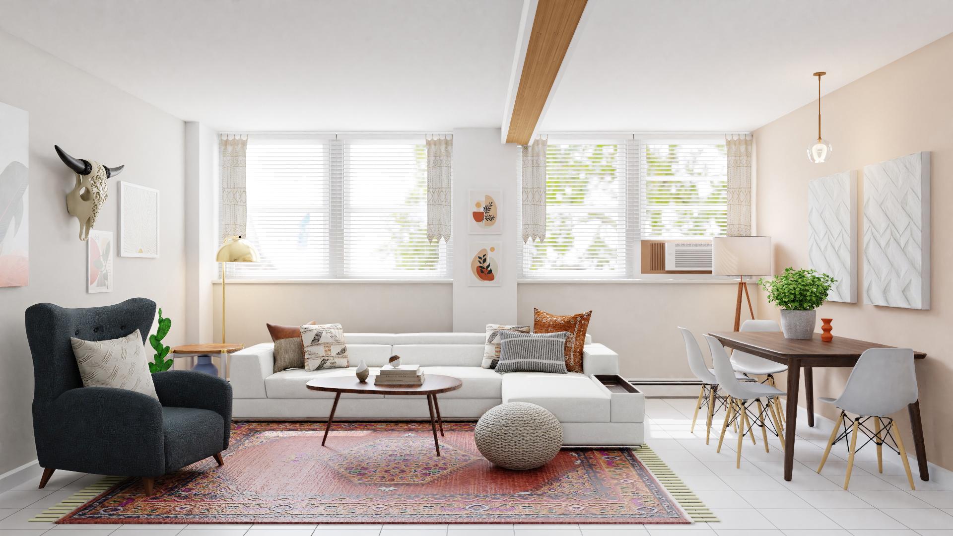 An Open Mid-Century Eclectic Living Room with Rustic Flair