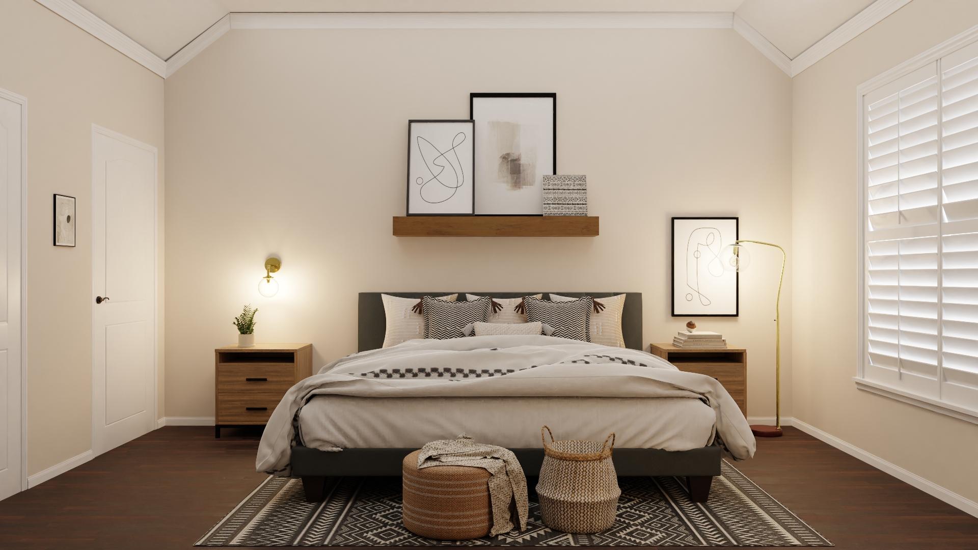 A Tranquil Mid-Century Bedroom in Serene Neutral Tones