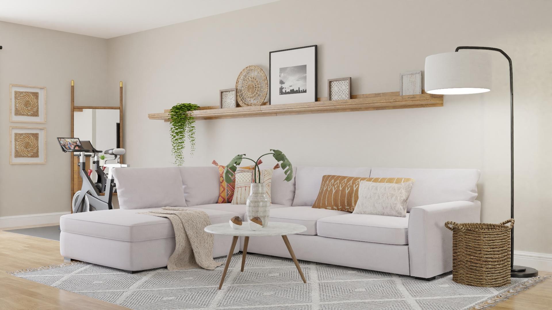 A Functional Bohemian Living Room with an Exercise Nook