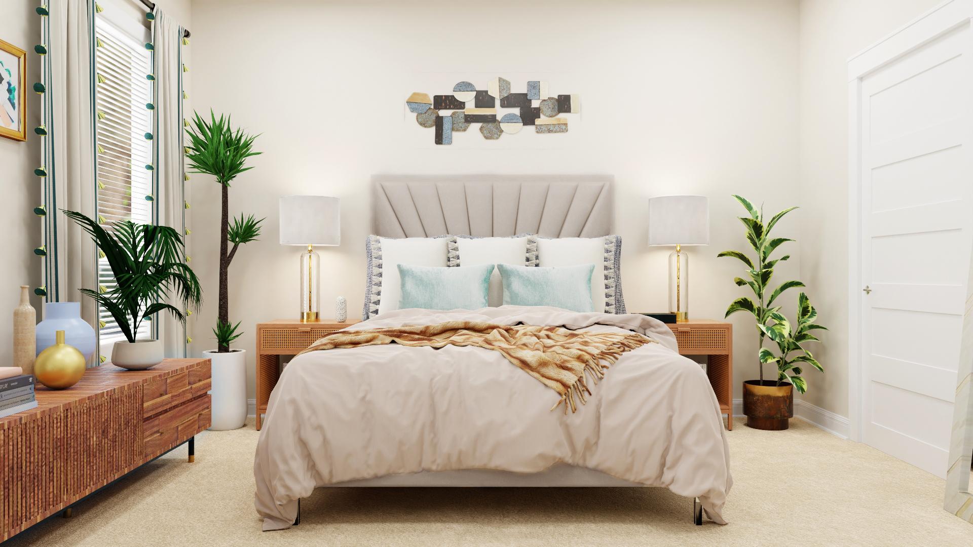 Unique Eclectic-Glam Bedroom With Tons of Greenery