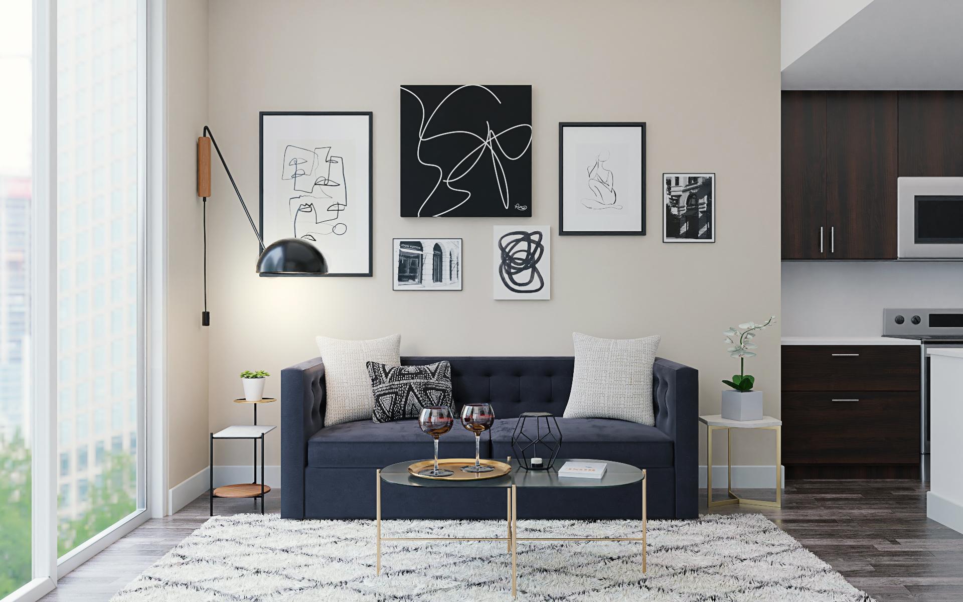 Dramatic Monochromatic Mid-Century Living Room