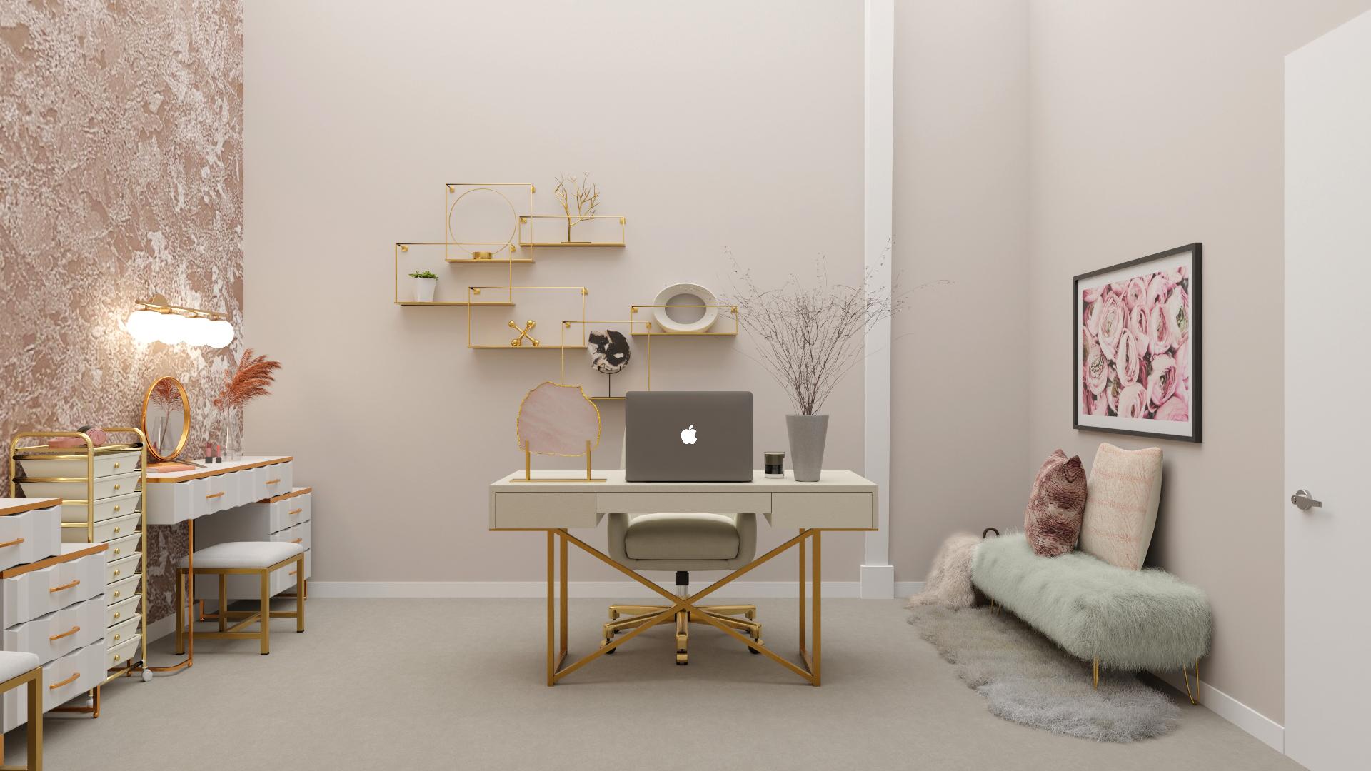 Modern Glam Home Office with Built-in Makeup Studio
