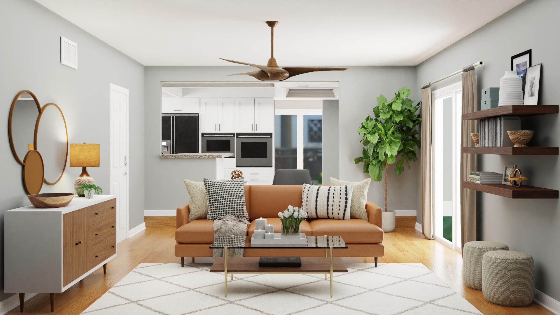 Multi-Functional Mid-Century Modern Living Room with Office