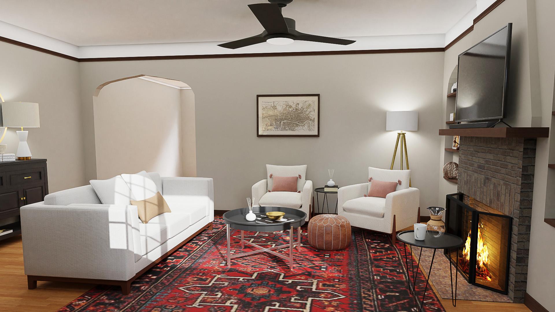 Accent Rug: Mid-Century Modern Living Room with Rustic Touches