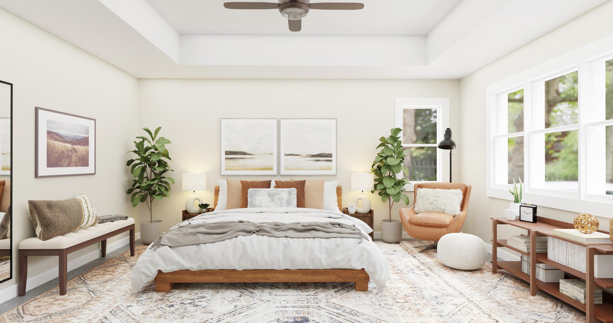 Wood Accents: Mid-Century Modern Bedroom with Rustic Flair