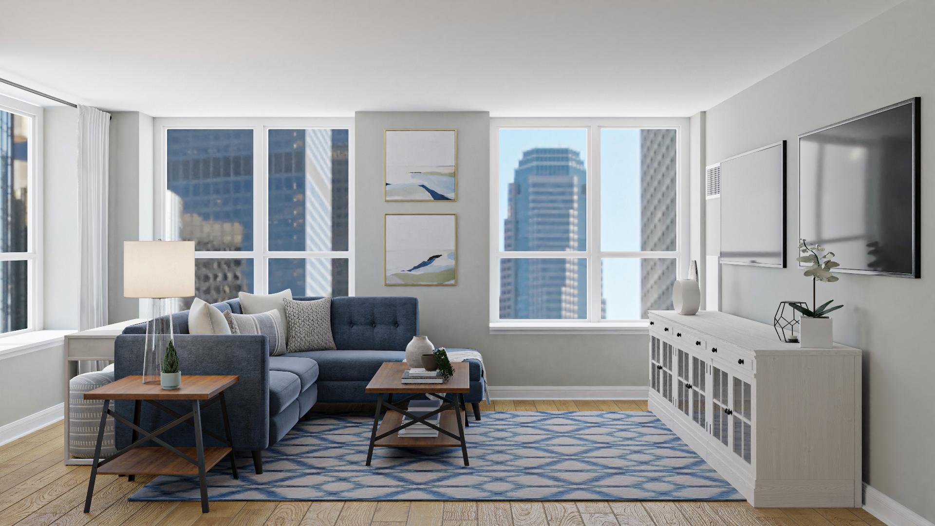 Cozy and Blue Transitional Coastal Living & Dining Room