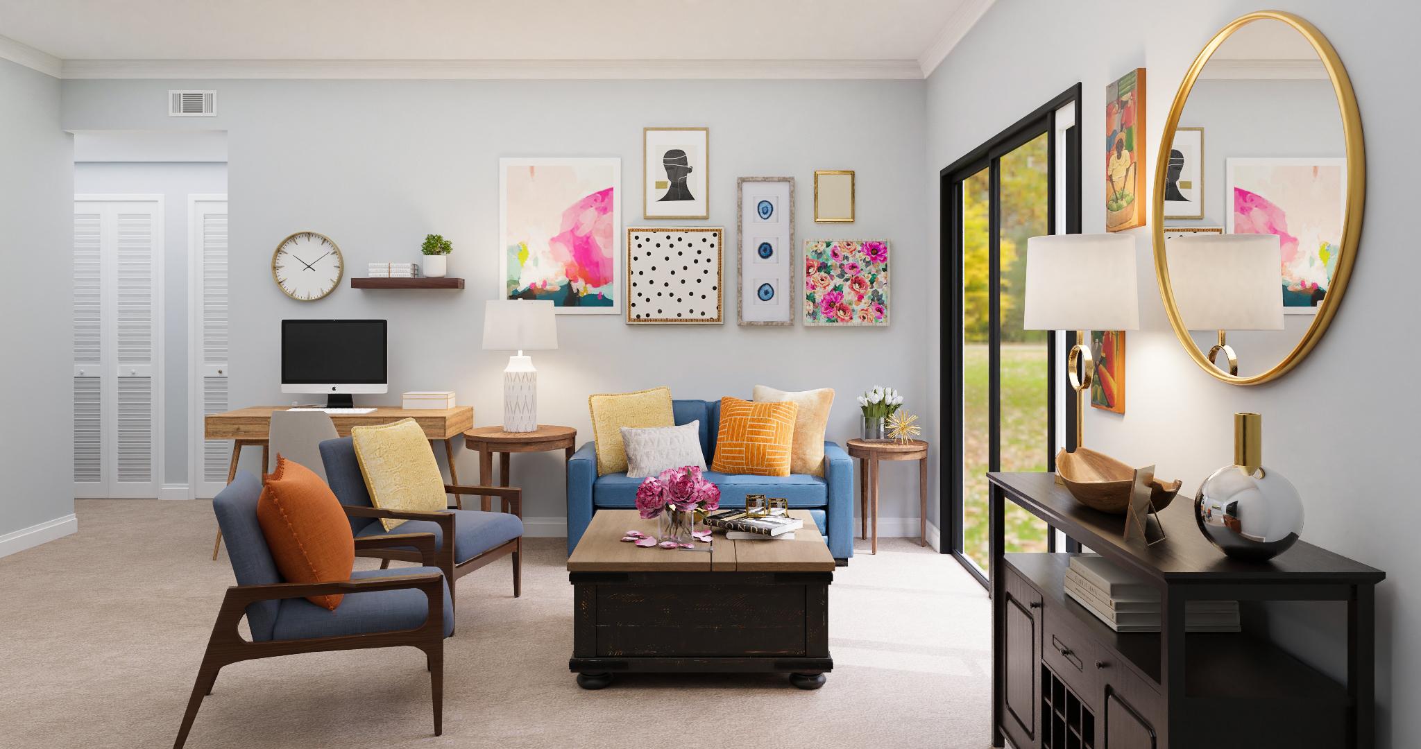 An Eclectic Living Room With A Gallery Wall