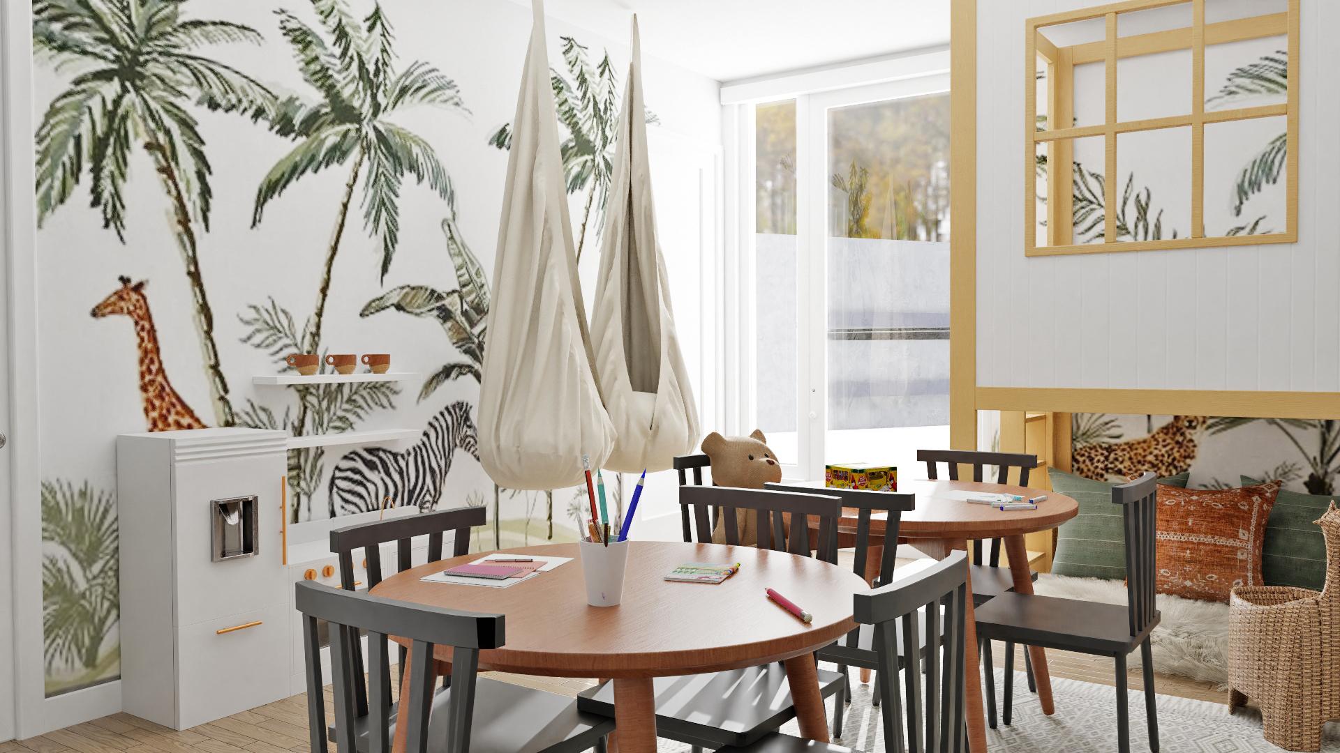 Mid-Century Playroom With A Safari Themed Wallpaper