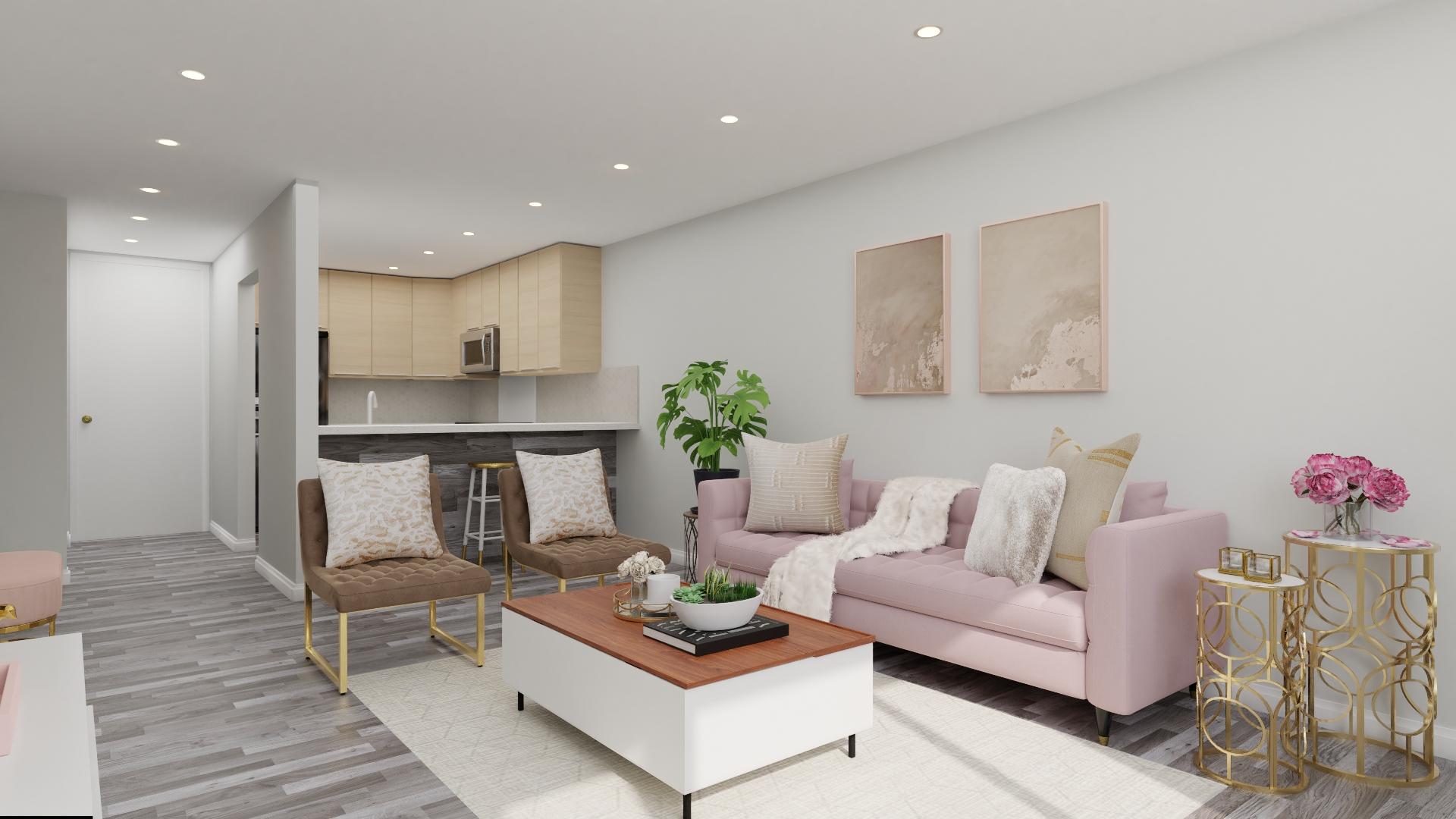 Pops Of Gold and Pink Add Glam To This Living Room 