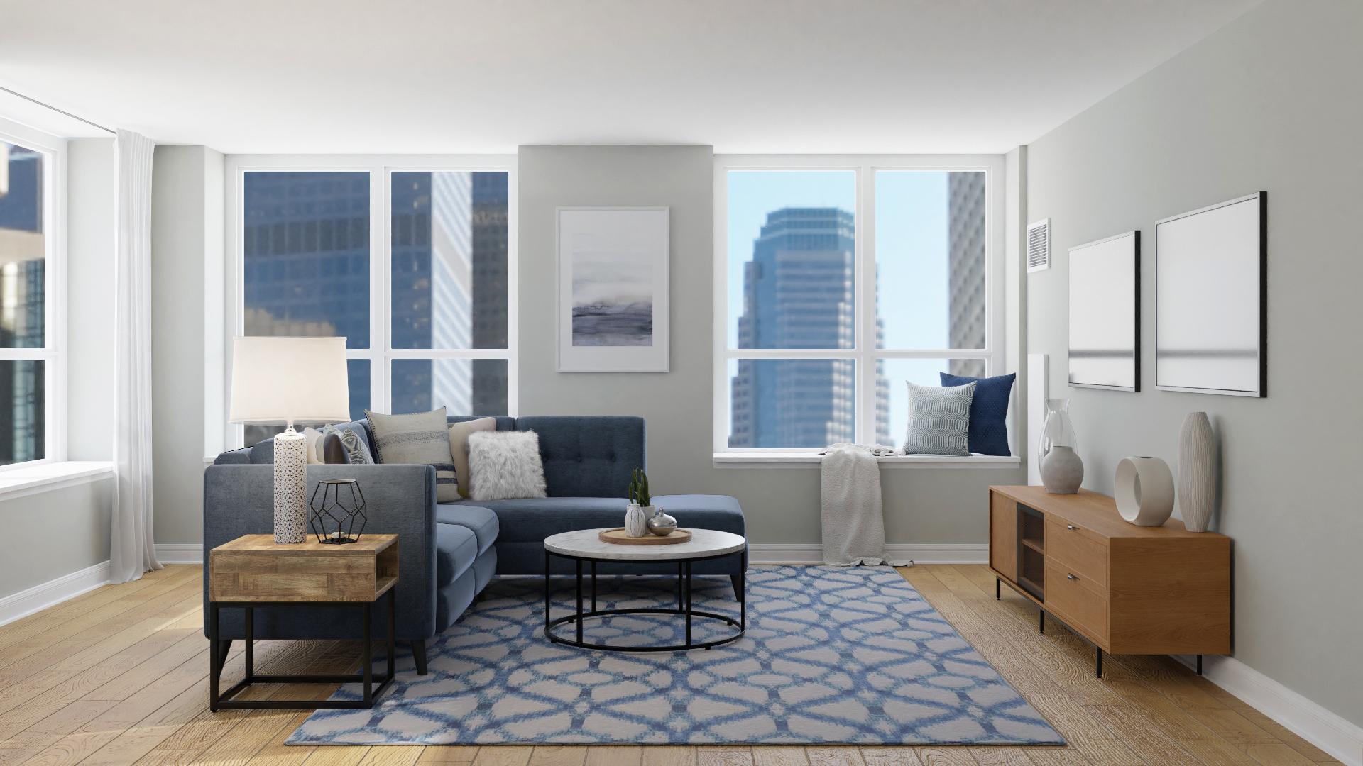 Mid-century Industrial Living Dining Room With Blue Tones