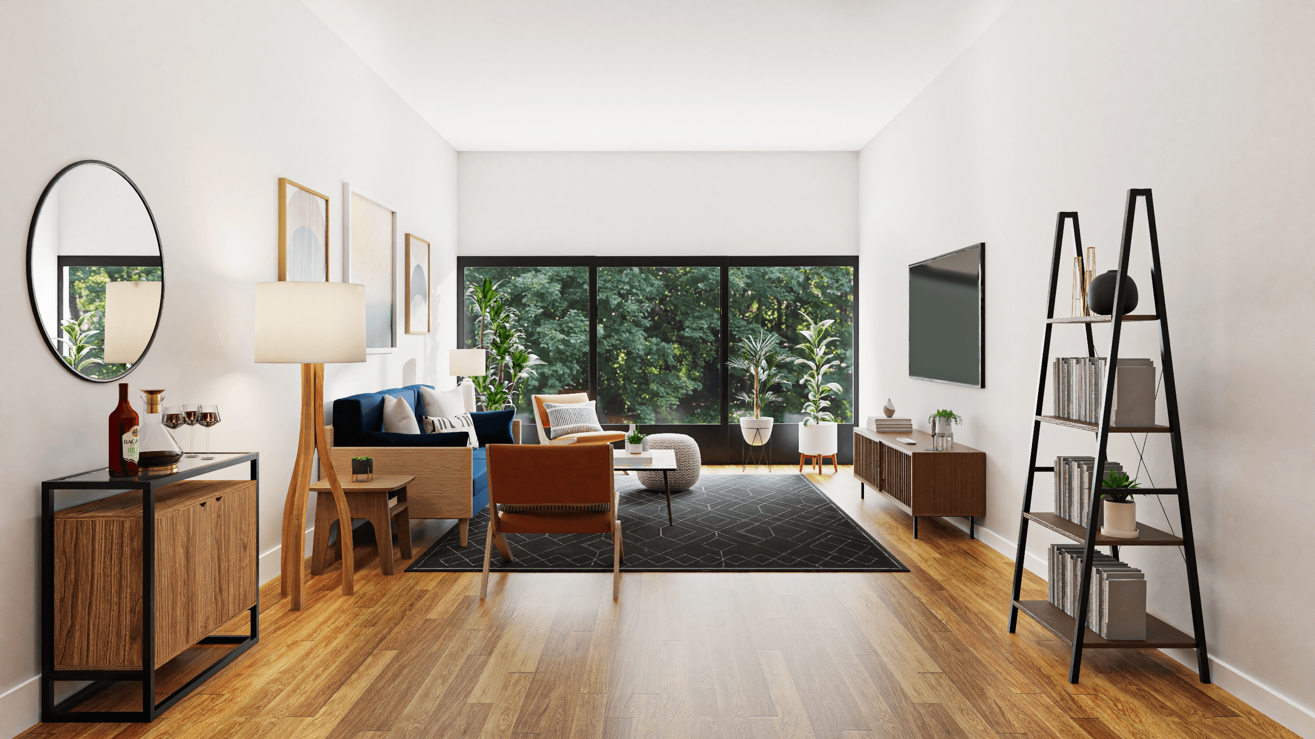 A Mid-Century Modern Living Room With Industrial Accents
