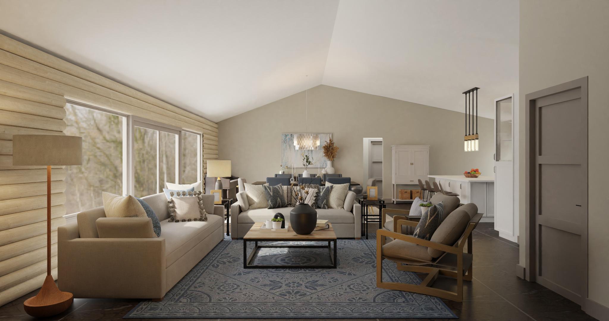 A Modern Transitional Living/Dining Room With Wood Details