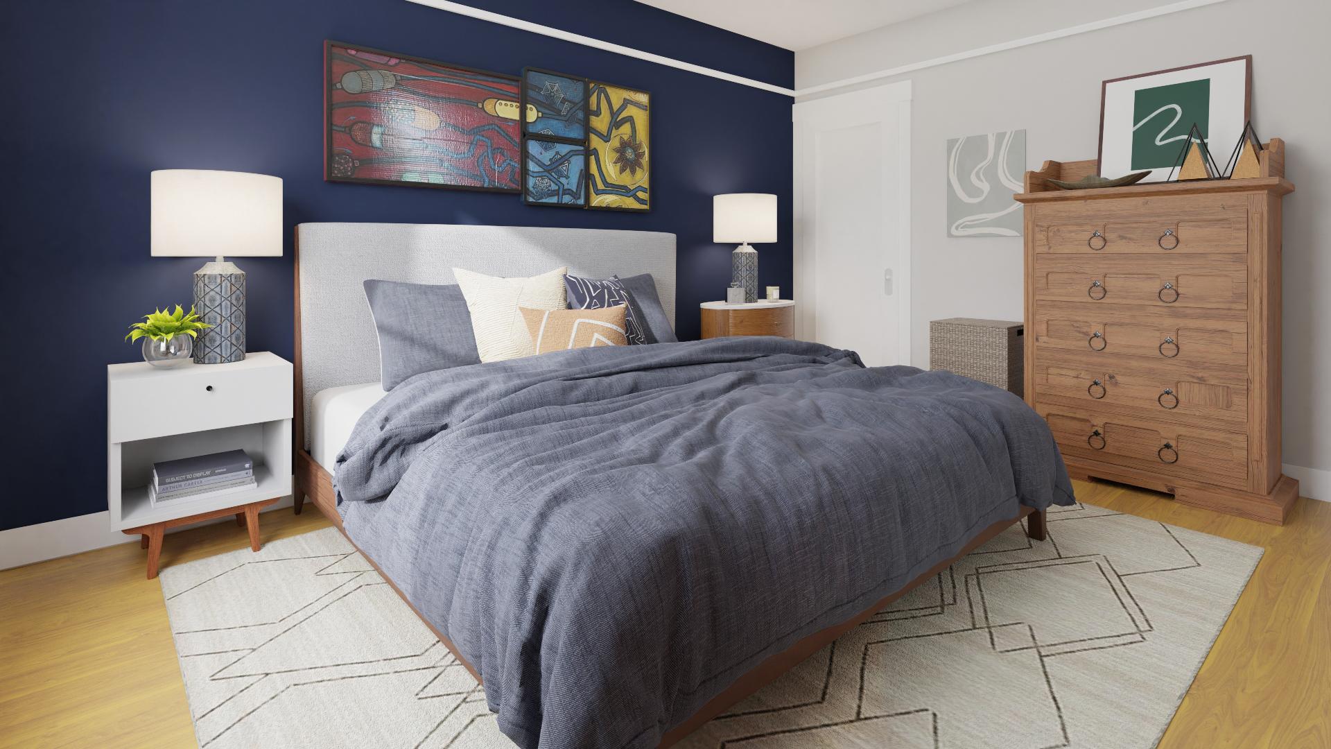 A Mid-Century Modern Bedroom With Bold Artwork