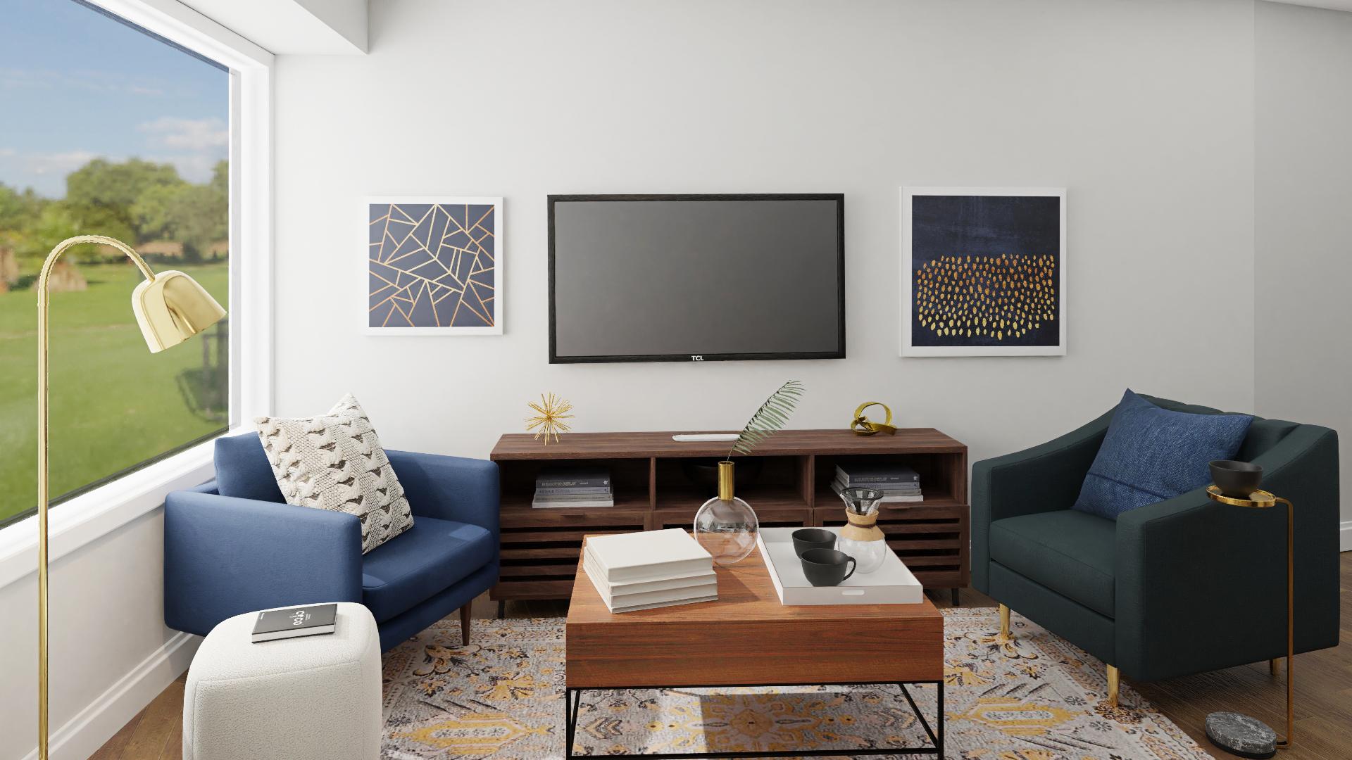 A Mid-Century Living Room With Gold Accents