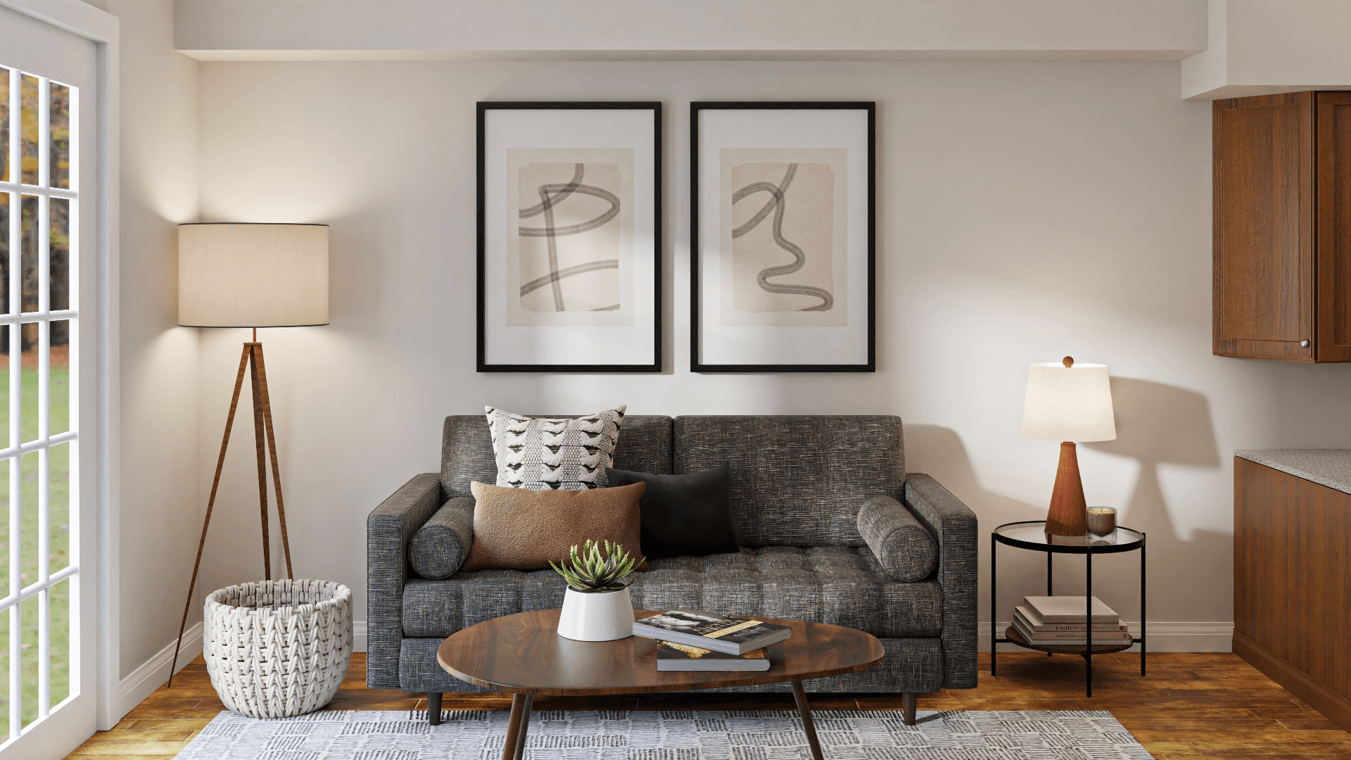 A Mid-Century Living Room In Soothing Shades Of Gray