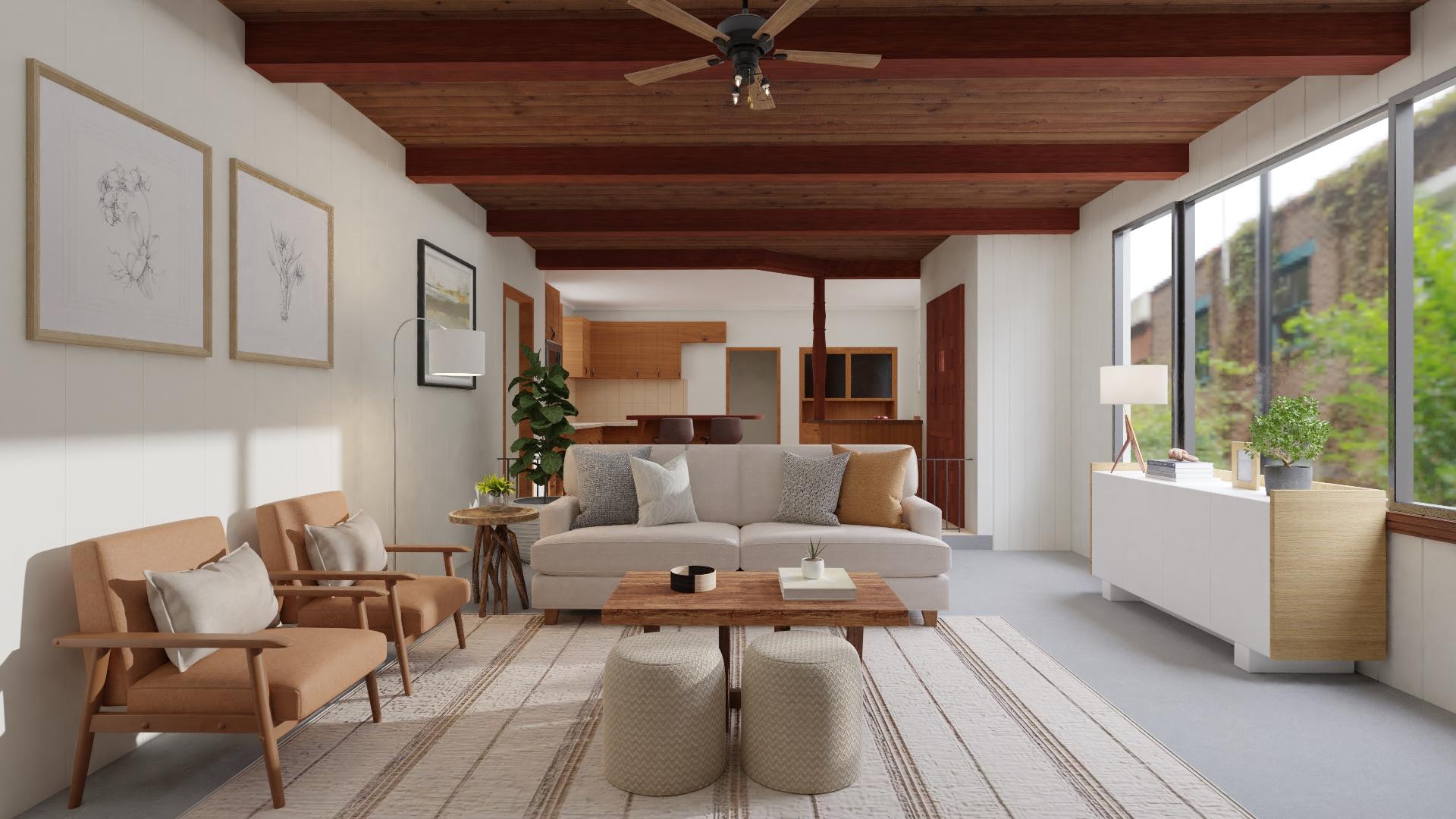 Exposed Wood Beams & Cozy Fireplace: A Mid-century Living/Dining Room