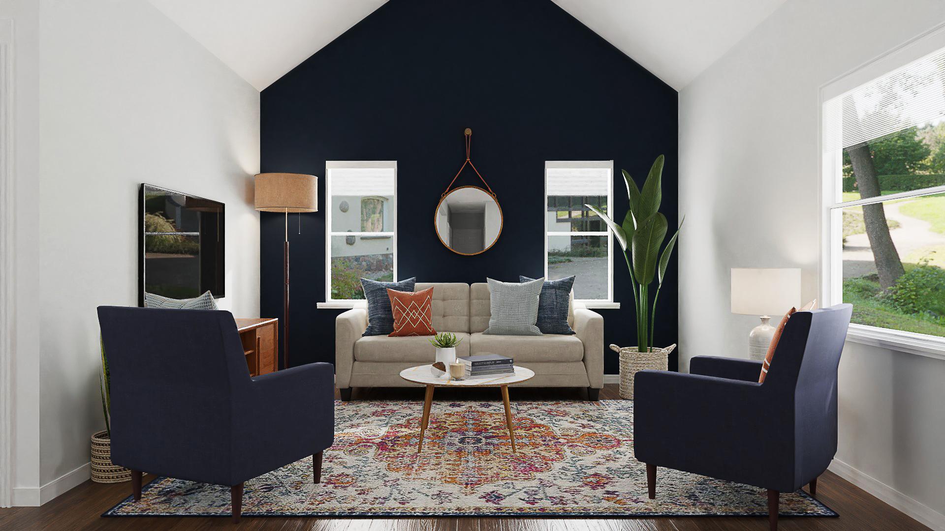  A Mid-Century Living/Dining Room In Midnight Hues