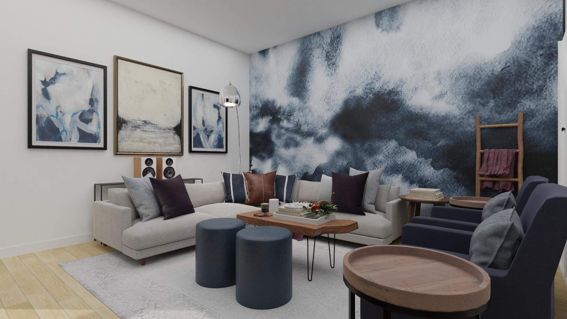 Vintage Ink Wall Mural: A Mid-Century Rustic Living Room