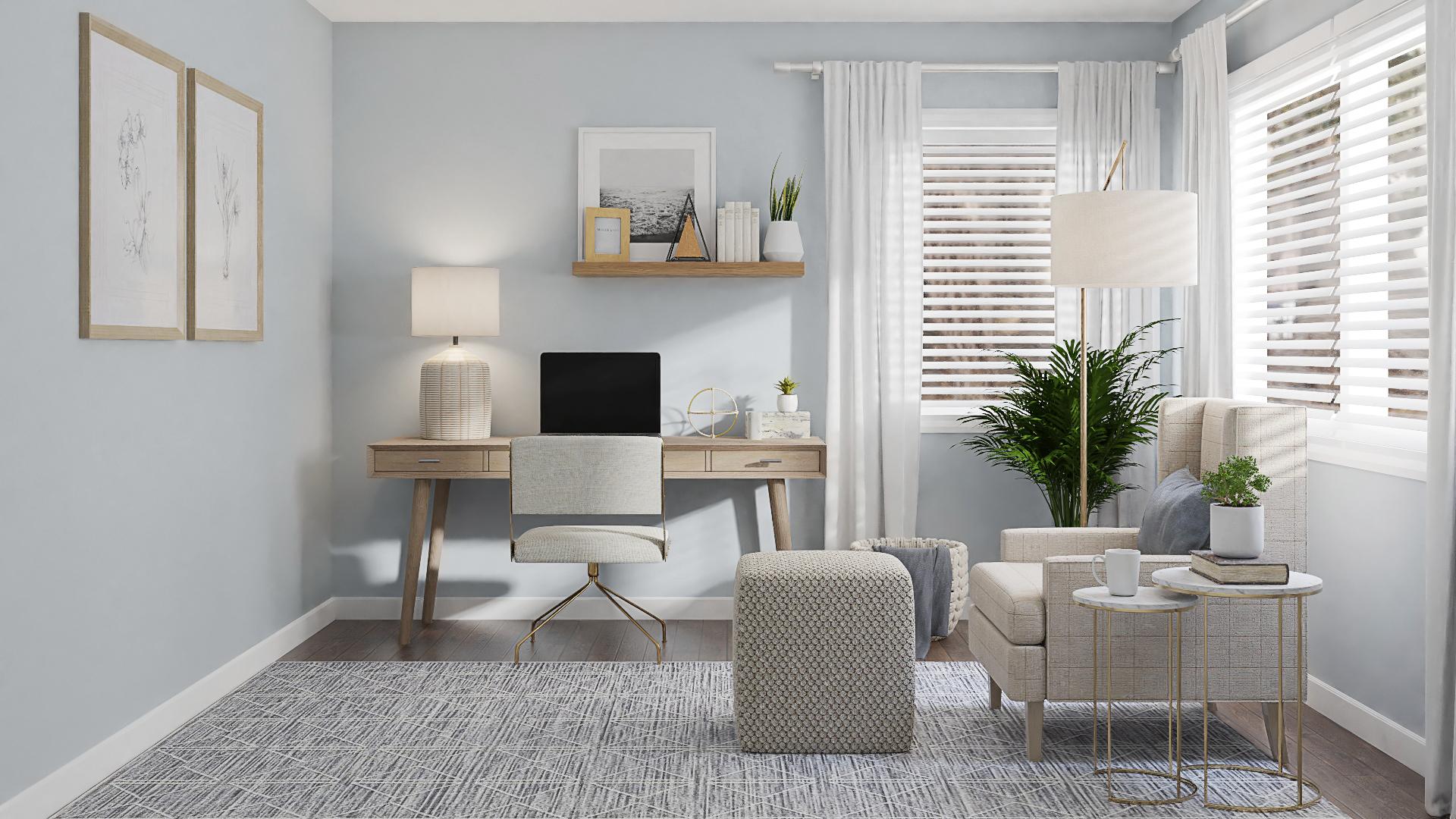 A Transitional Home Office In Neutral & Gold Hues
