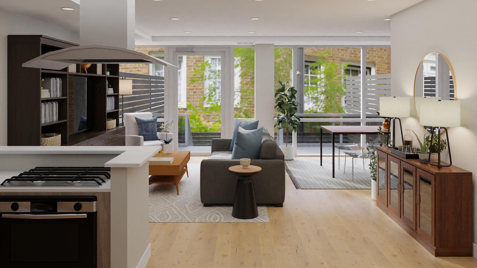 A Modern Living-Dining Room Filled With Metallic Accents & Moody Colors