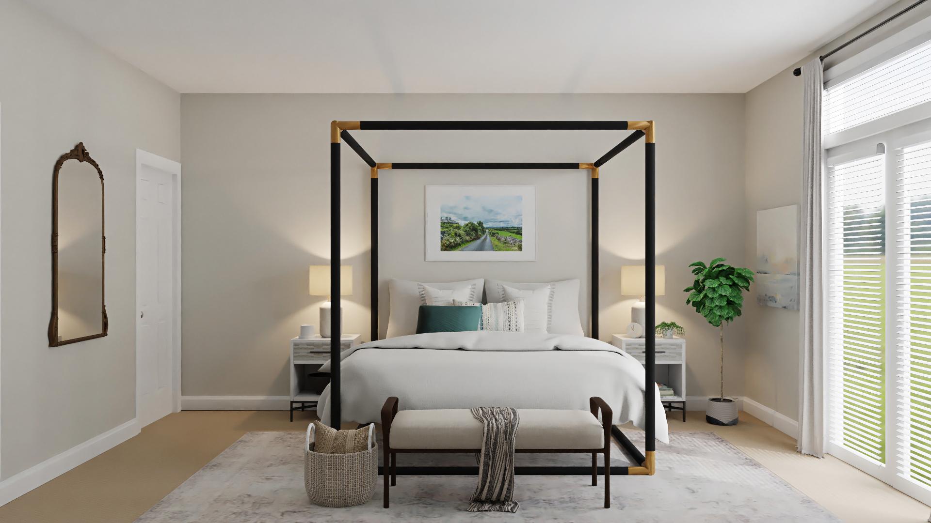 A Coastal Glam Bedroom With Pops Of Emerald Green & Gold
