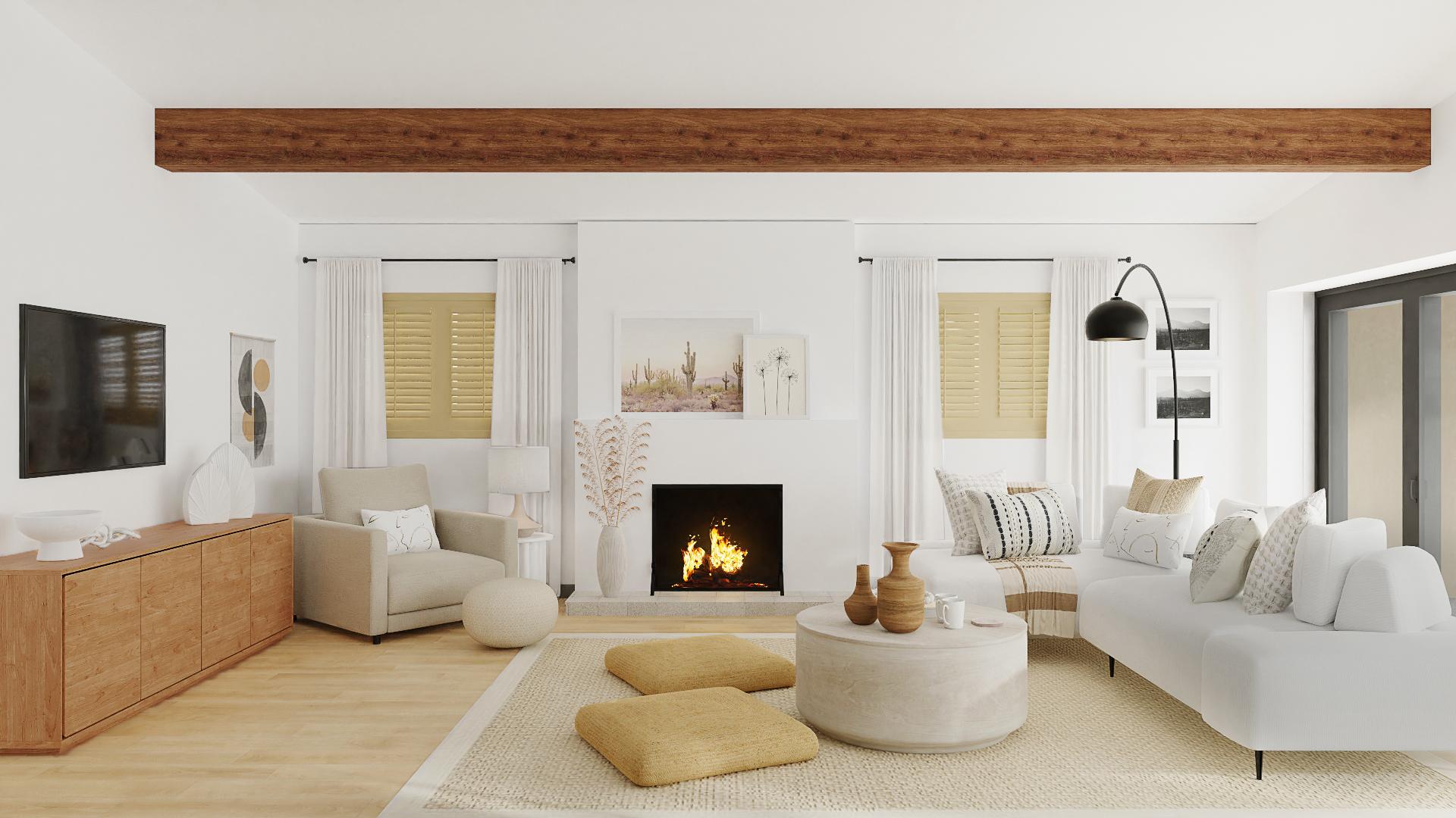 A Modern Living-Dining Room With Exposed Wooden Beams 