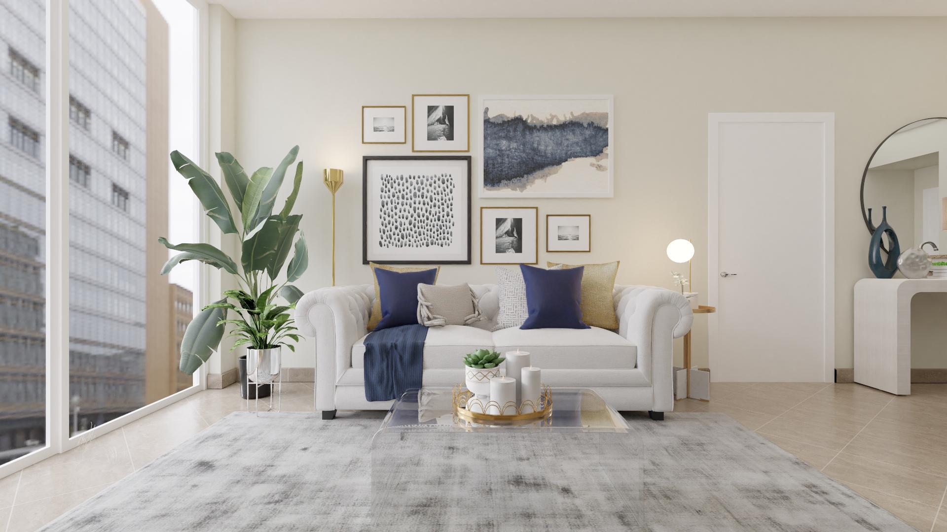 Royal Blues Add Glam To This Living-Dining Room