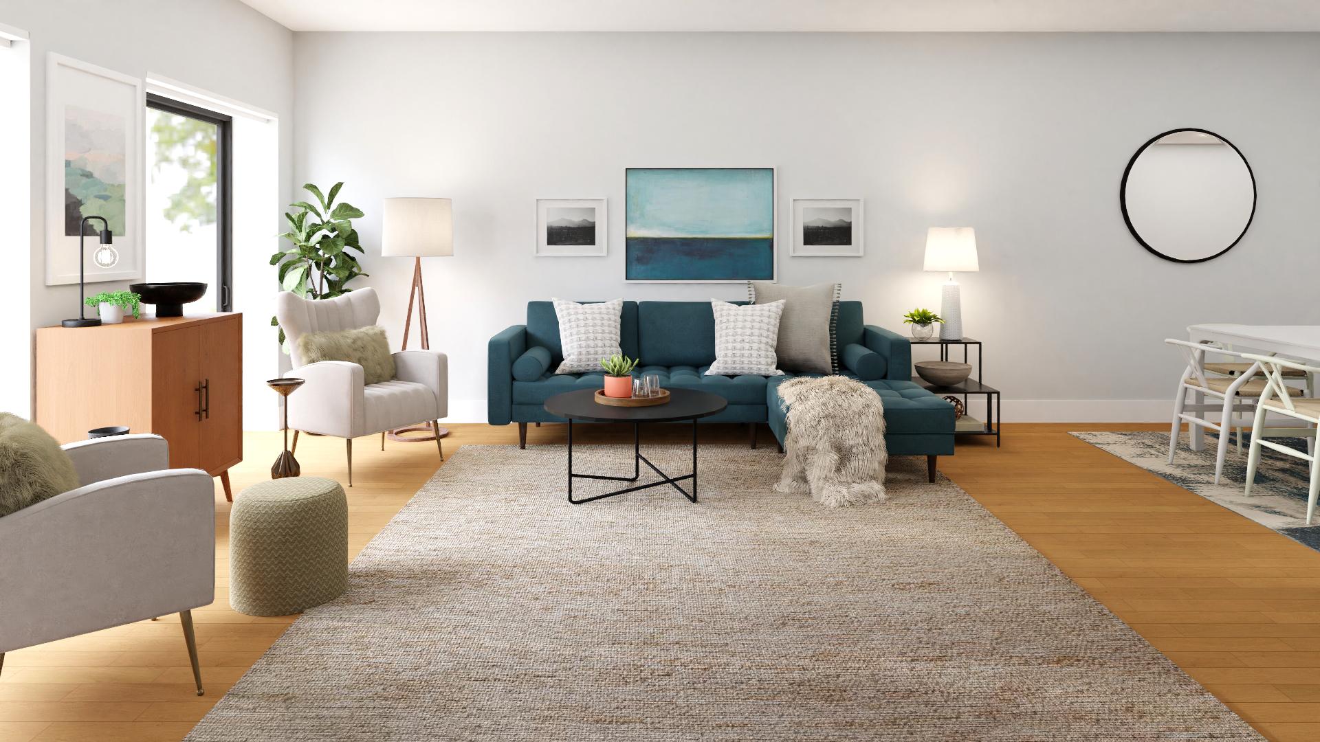 Jewel Tones Bring Glam To This Mid-Century Living-Dining Room