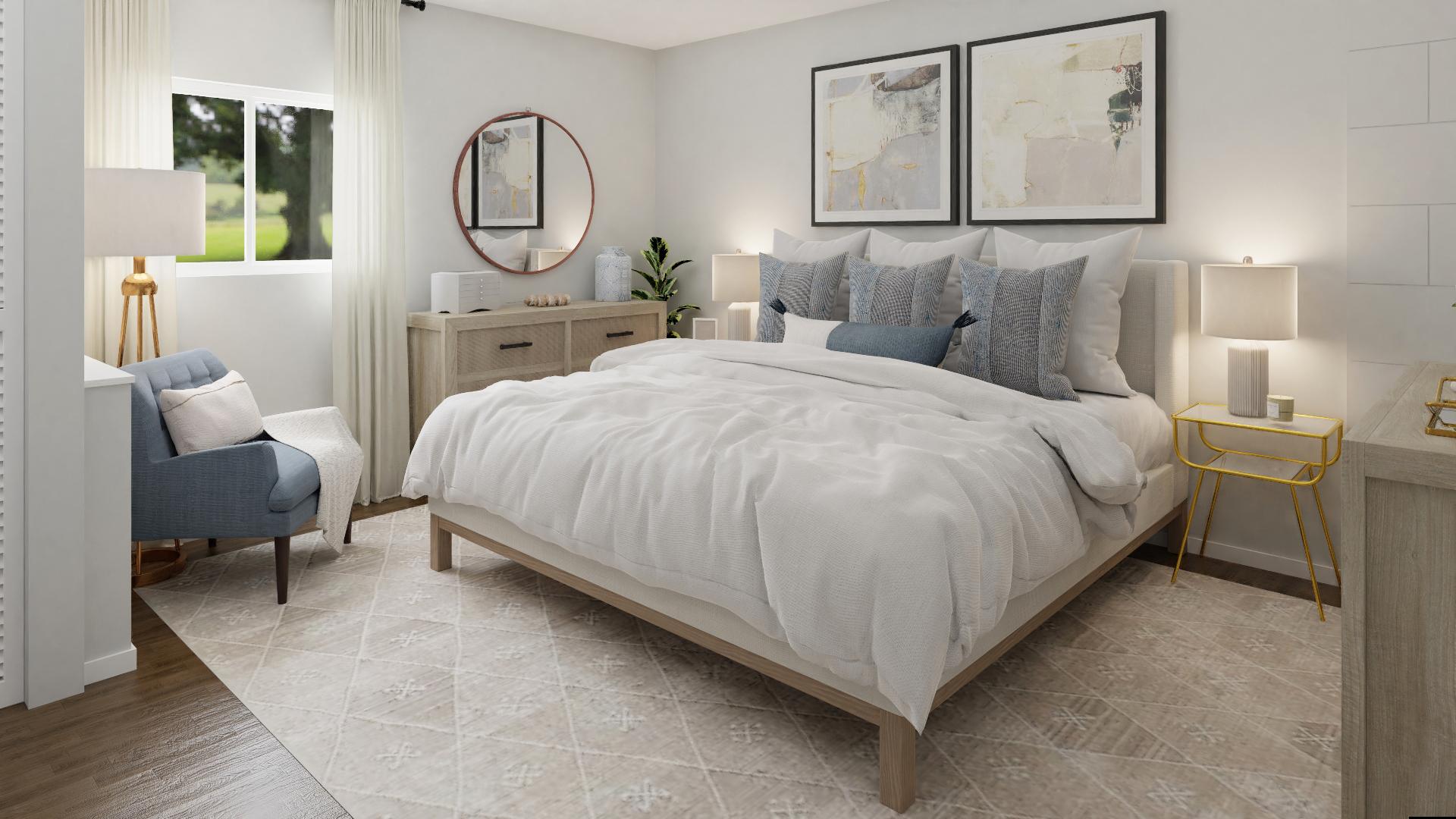 A Transitional Bedroom In Hazel Wood Tones