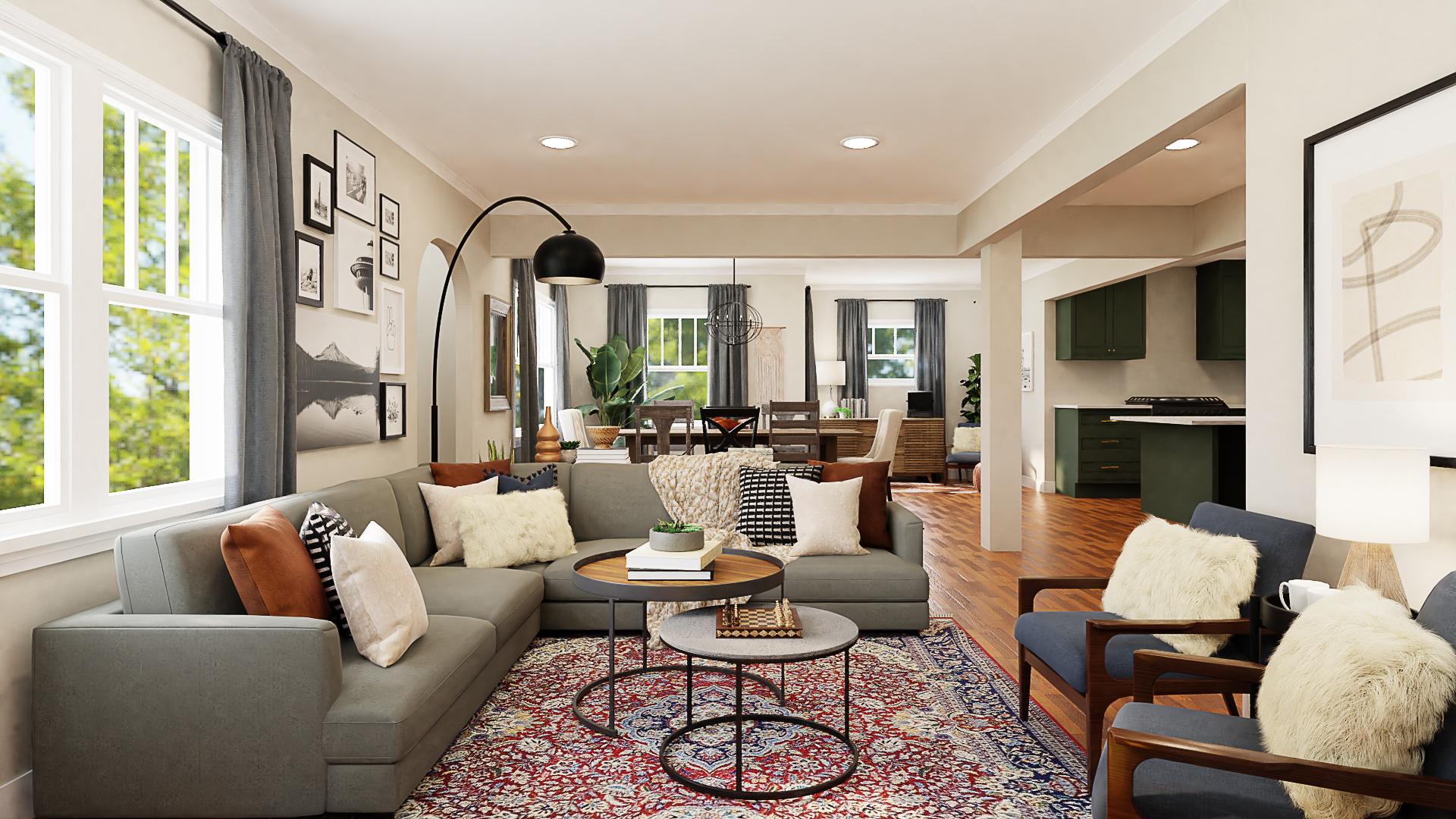 A Mid-Century Living-Dining Room With Rustic Accents