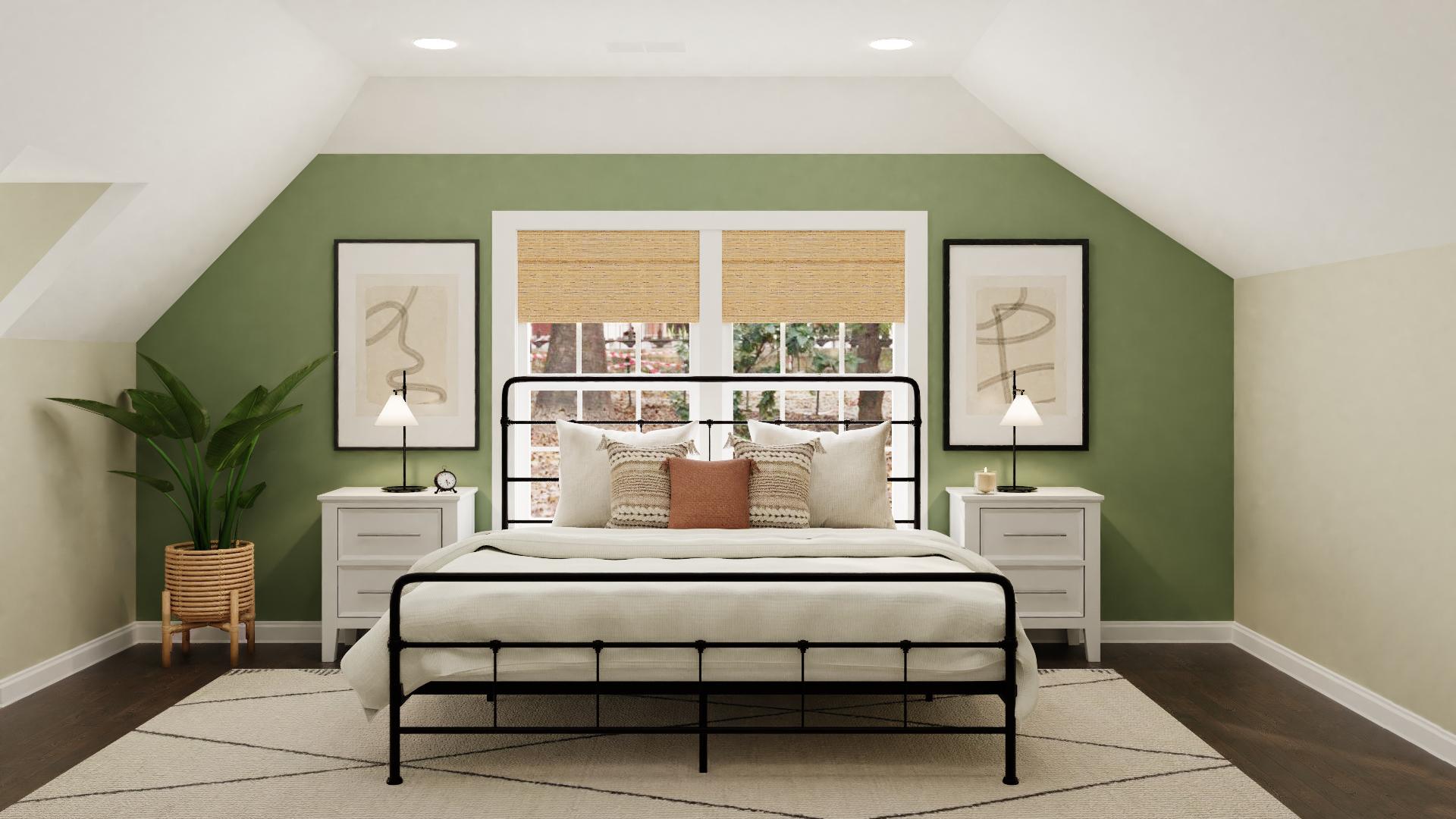 A Forest Green Accent Wall In An Industrial Bedroom