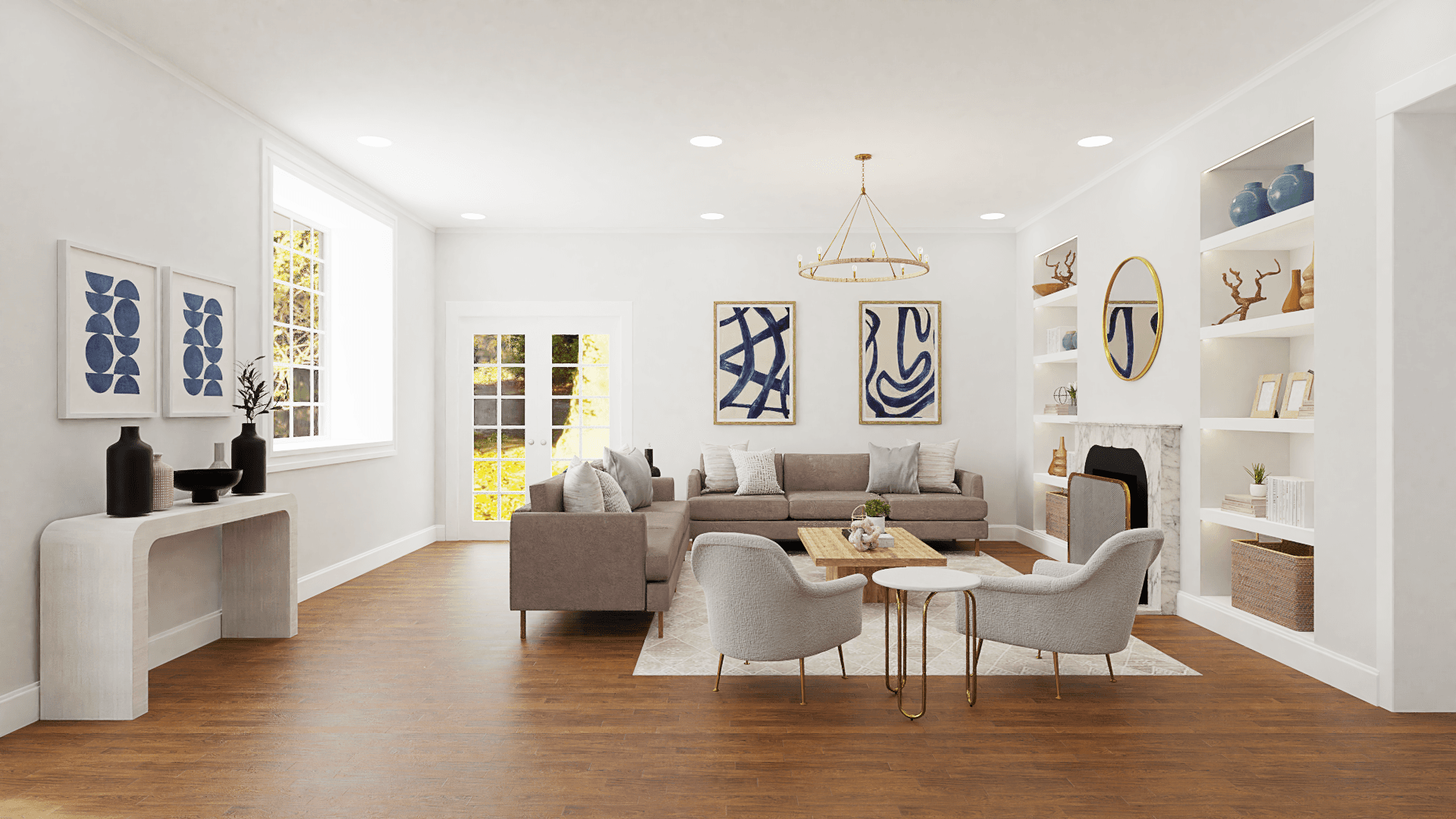 An Open Transitional Living Room With Hints Of Glam