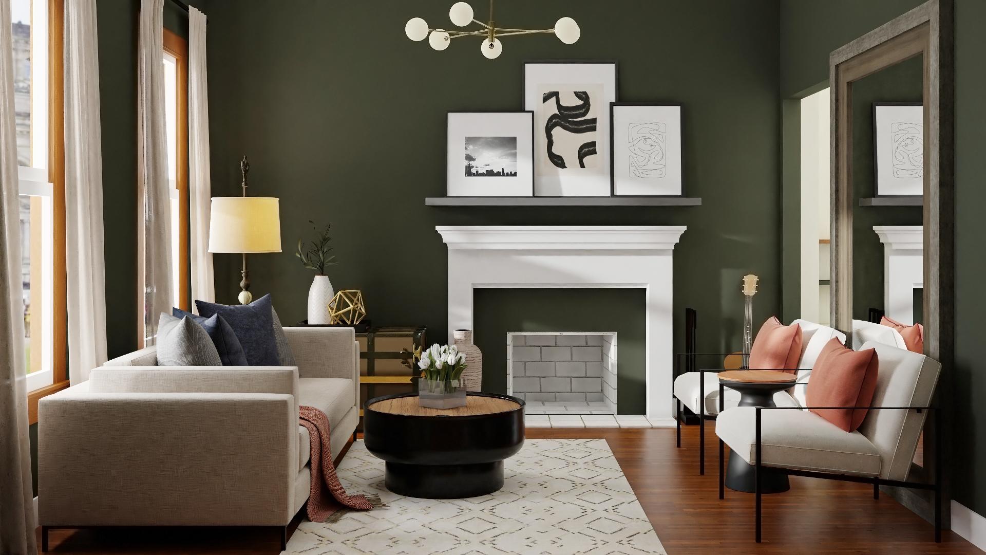 Forest Green Walls In A Modern Living Room