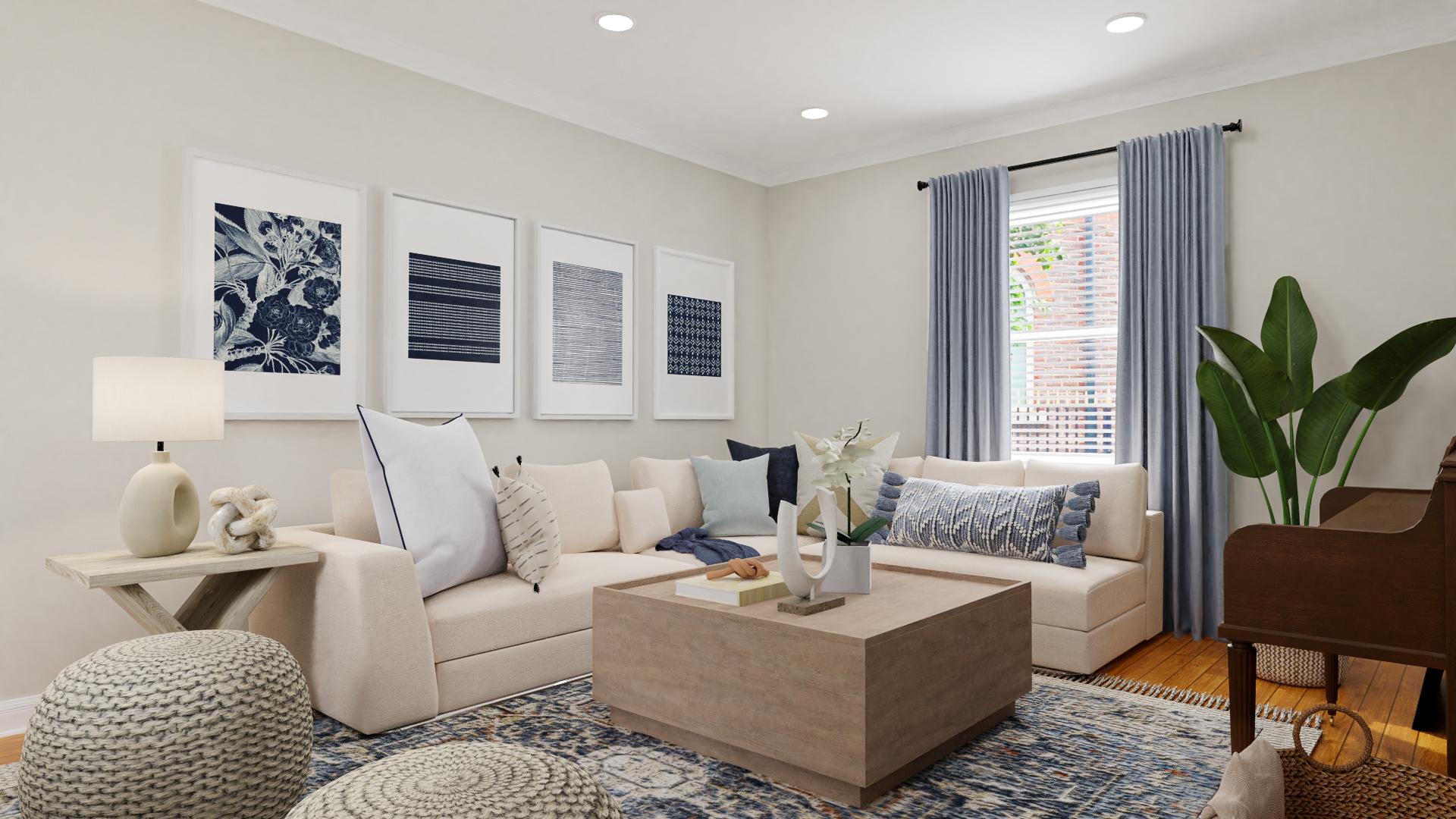 A Snugly Blue Transitional Living Room