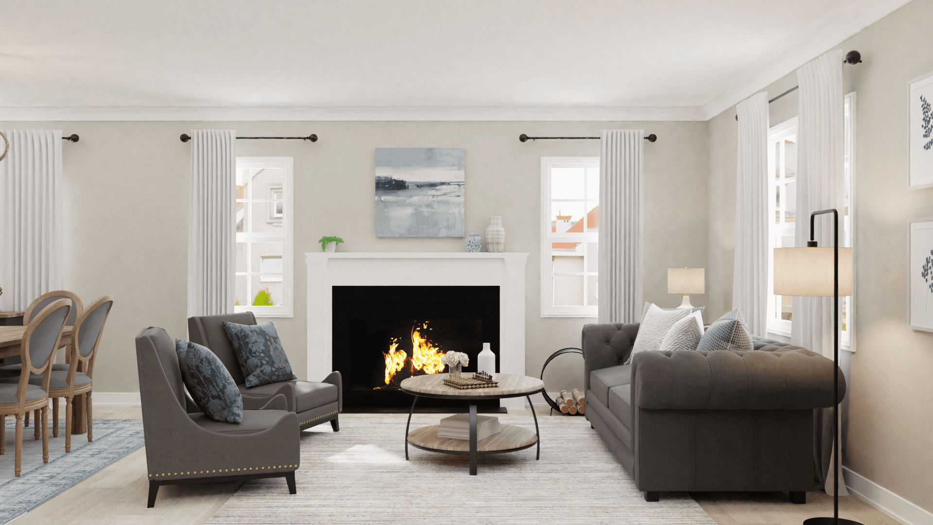 Subtle Grays Fill This French Country Living-Dining Room