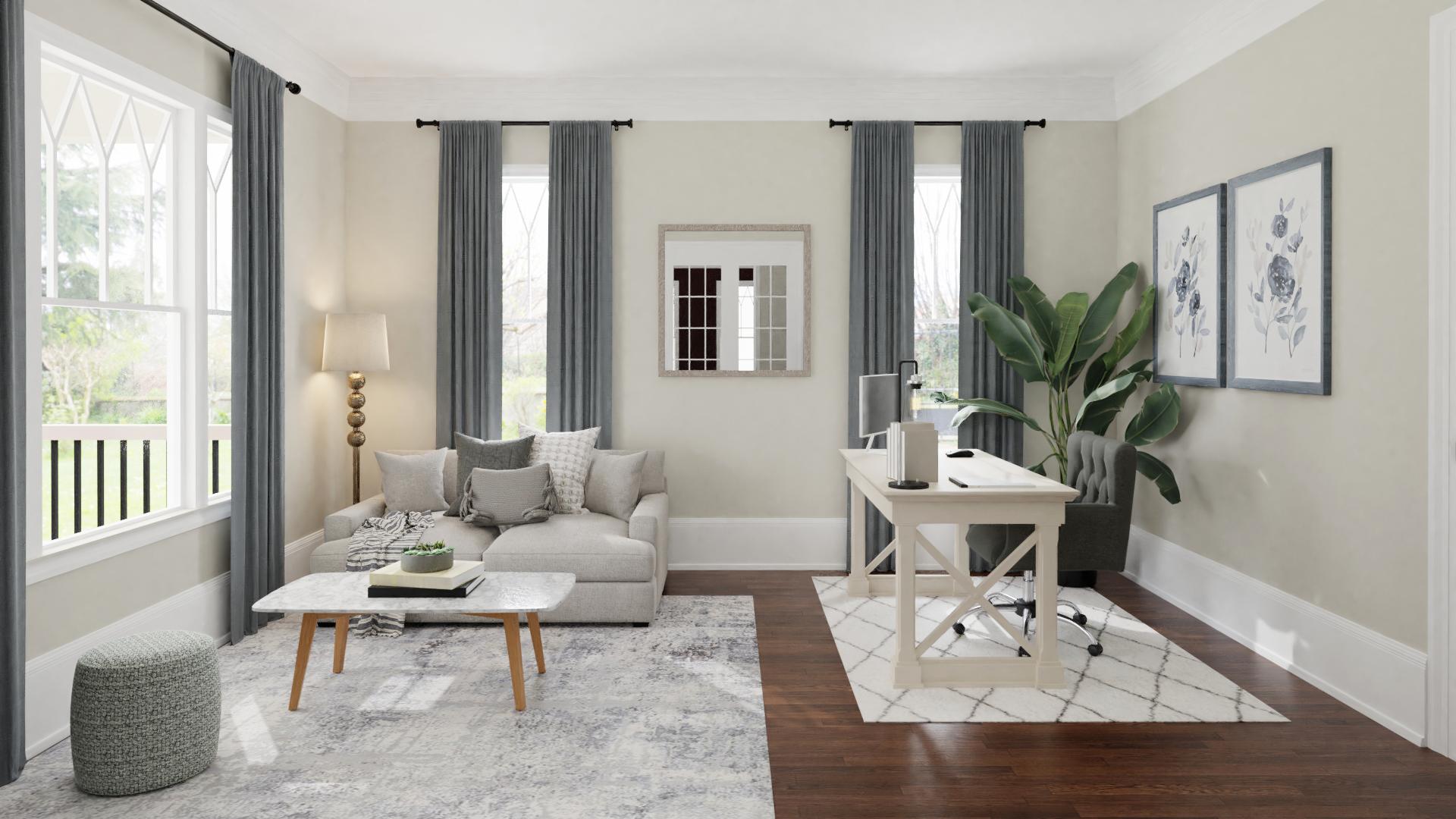 Transitional Living Room With A Home Office