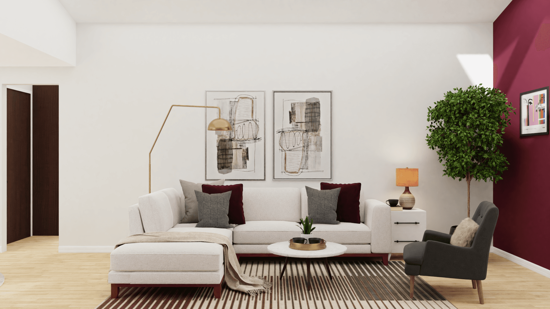 Plum Walls In A Mid-Century Modern Living-Dining Room