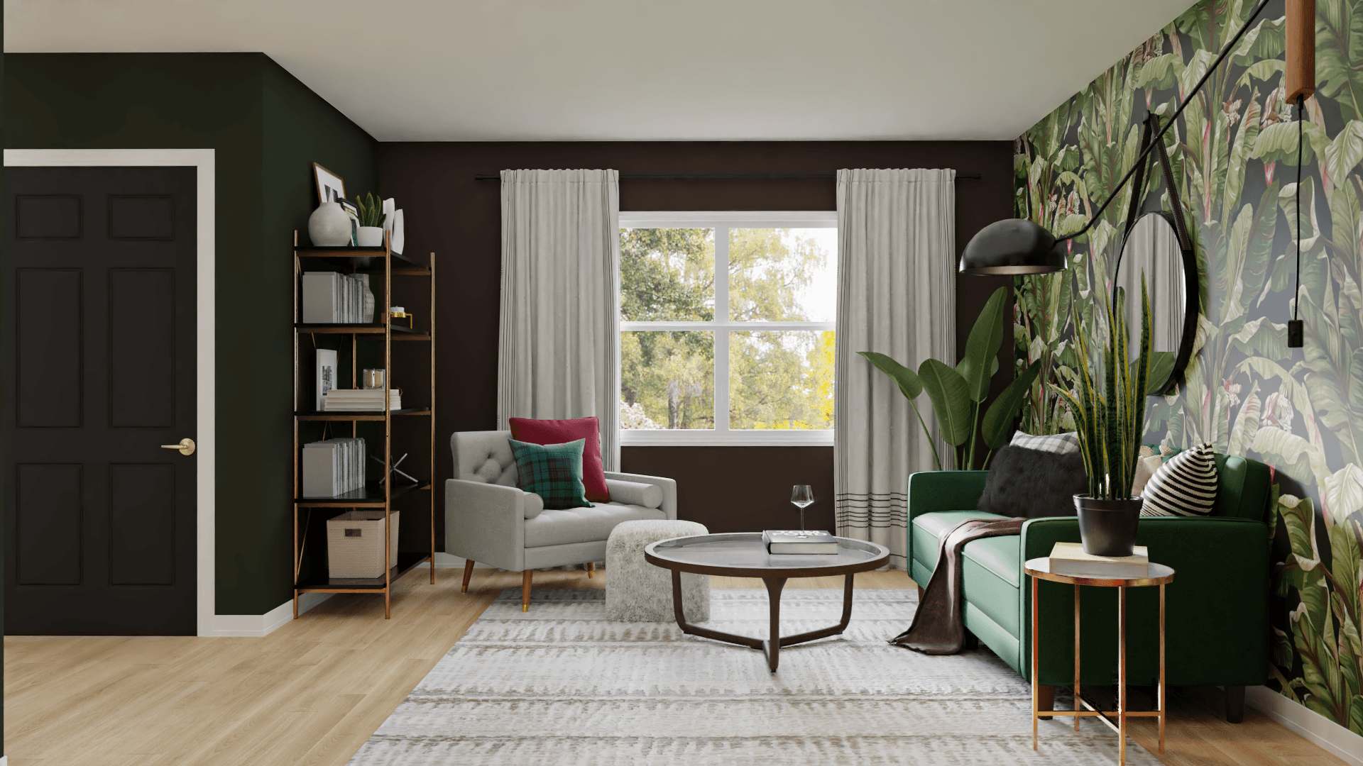 Pacific Leaf Accent Wall: A Mid-Century Modern Living Room