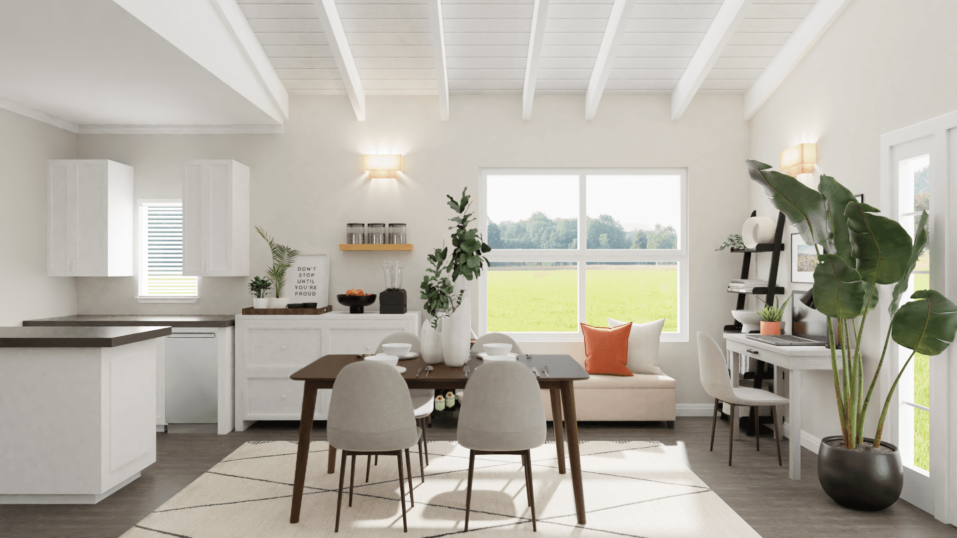 A Modern Living-Dining Room Filled With Greenery Accents