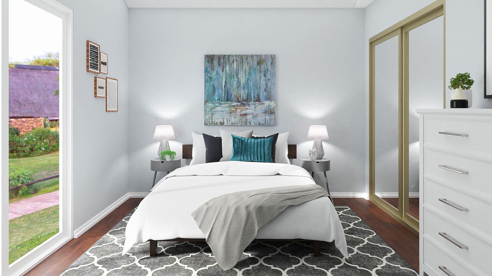A Cool Blue Transitional Bedroom