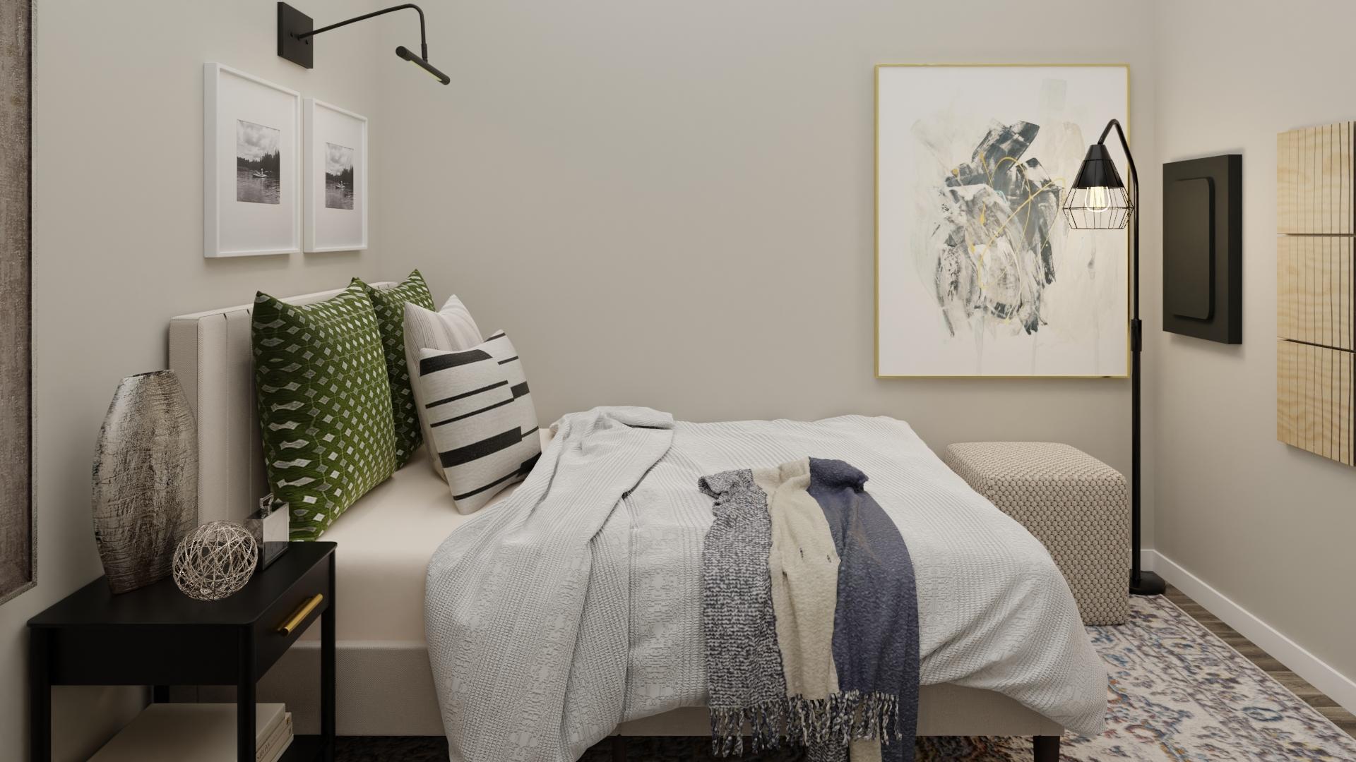 A Transitional Bedroom With Pops Of Nature Hues 