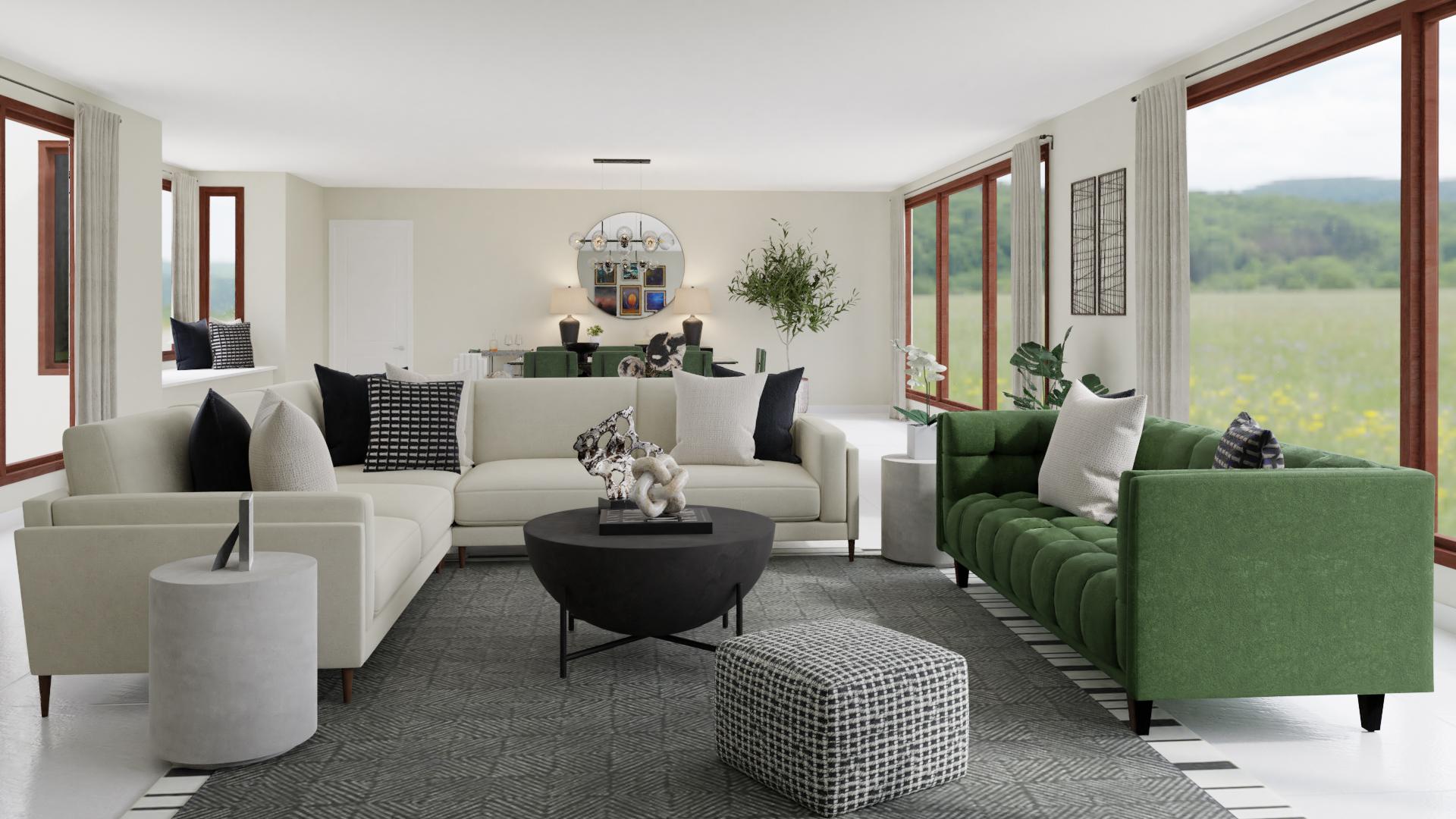Pine Greens & Coal Blacks: A Contemporary Living-Dining Room