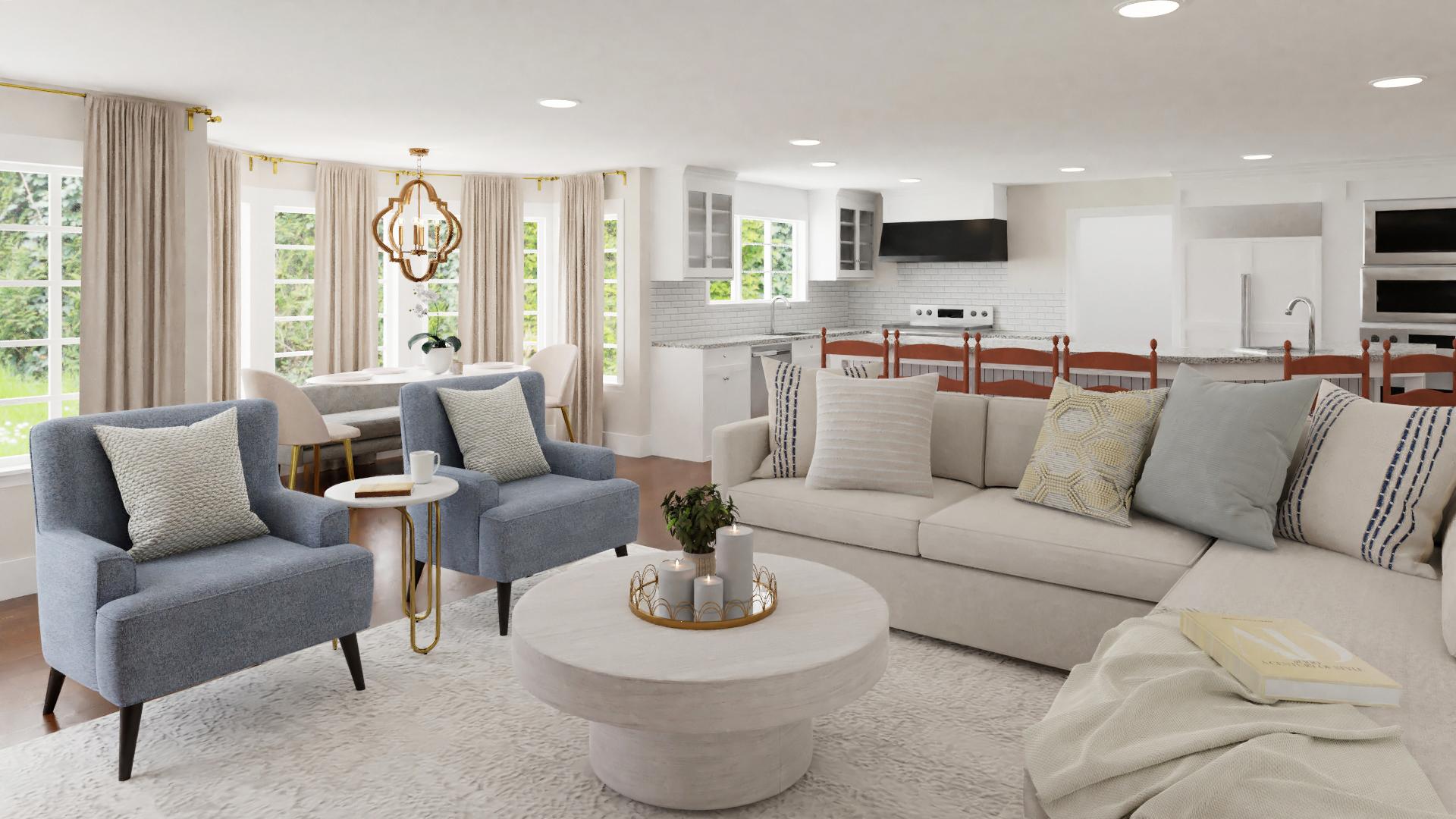A Swoon-Worthy Transitional Glam Living-Dining Room