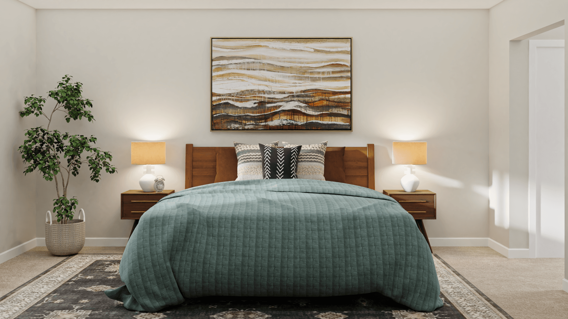 Teals & Mustard Hues: A Mid-Century Modern Bedroom
